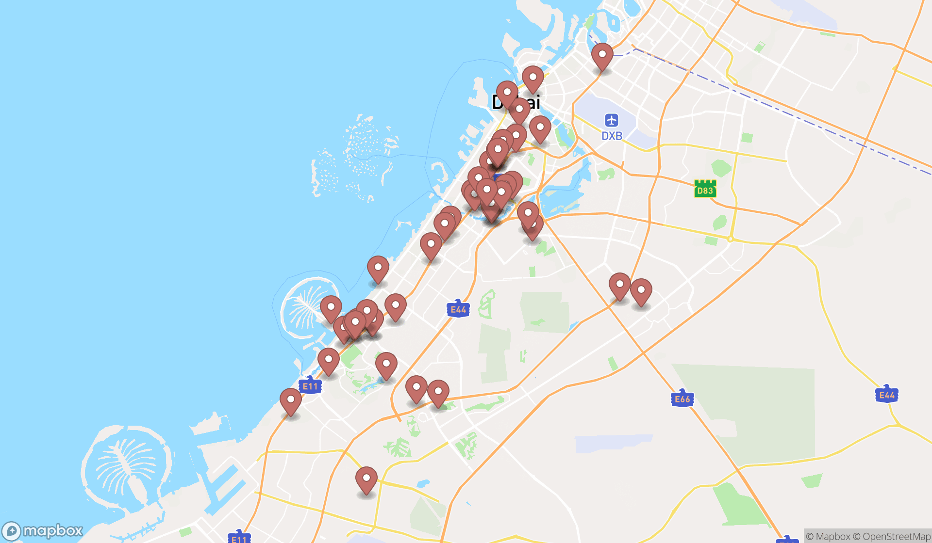 Map showing the search results in Dubai