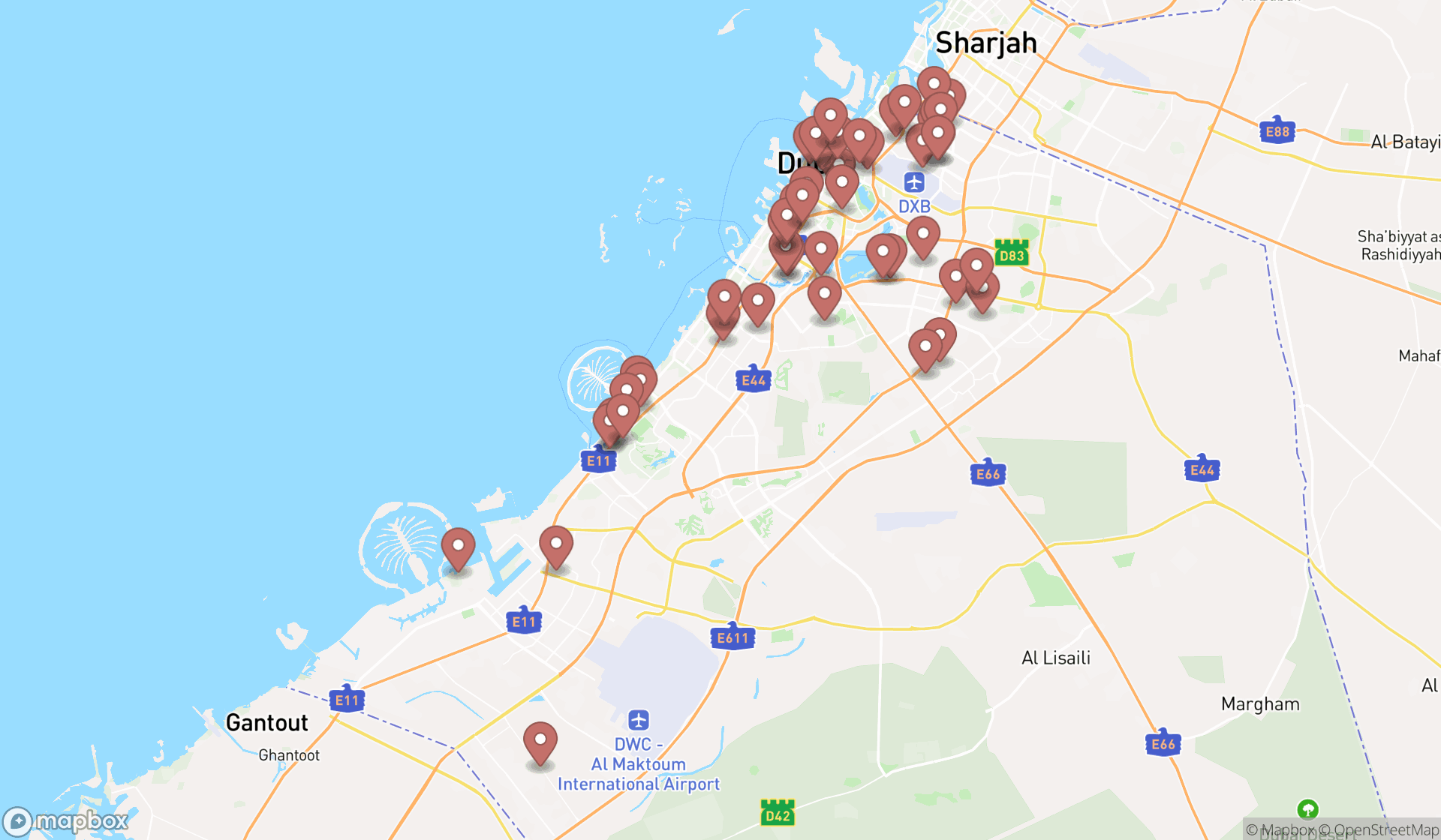 Map showing the search results in Dubai