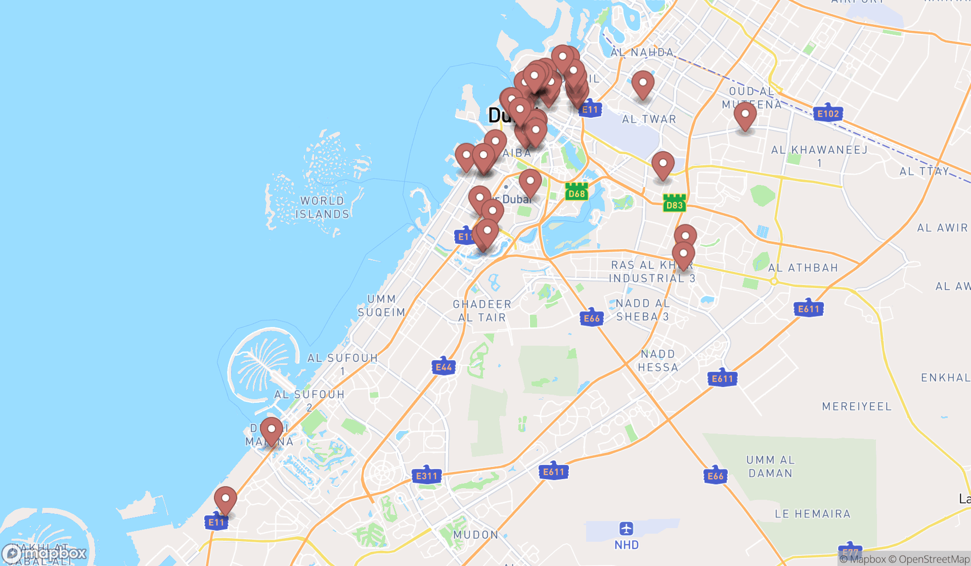 Map showing the search results in Dubai