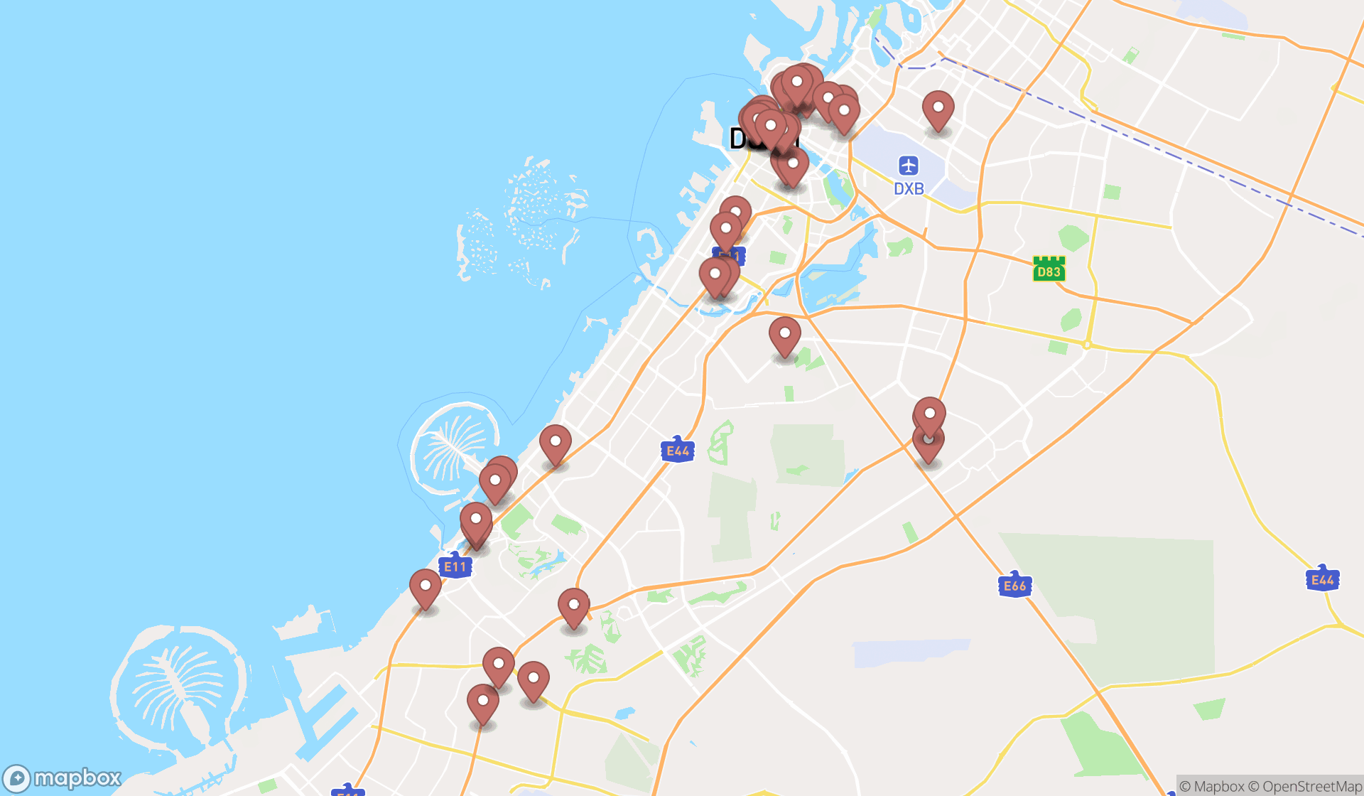 Map showing the search results in Dubai