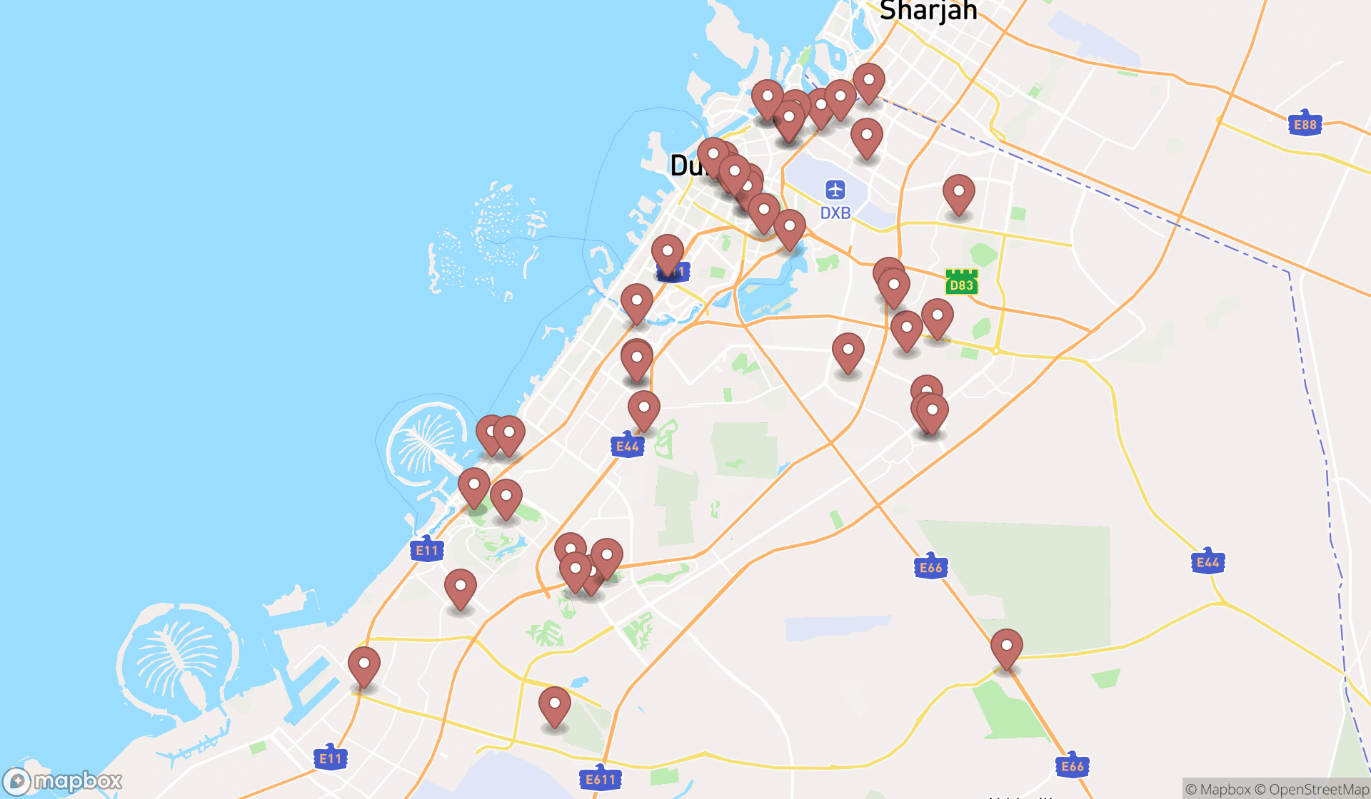 Map showing the search results in Dubai