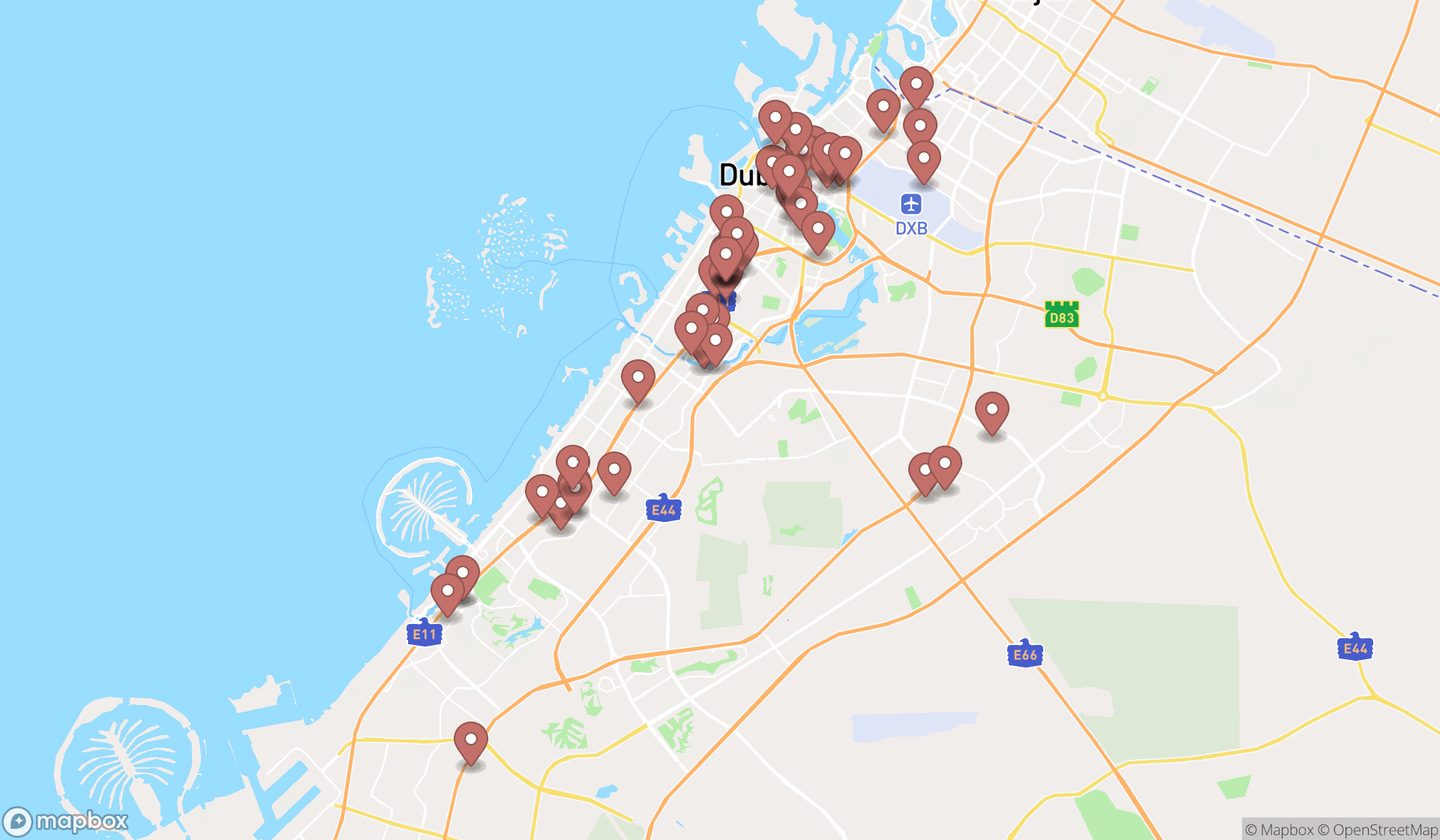 Map showing the search results in Dubai
