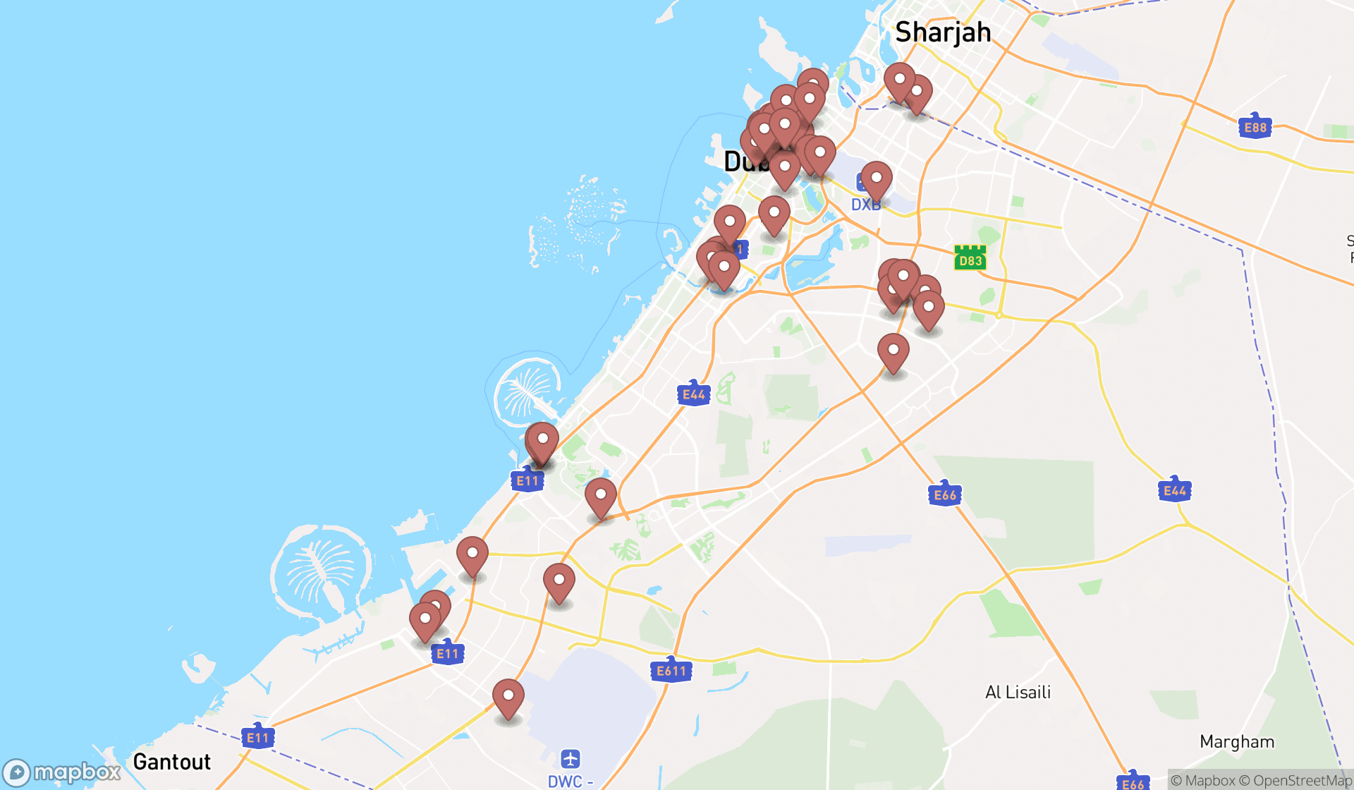 Map showing the search results in Dubai