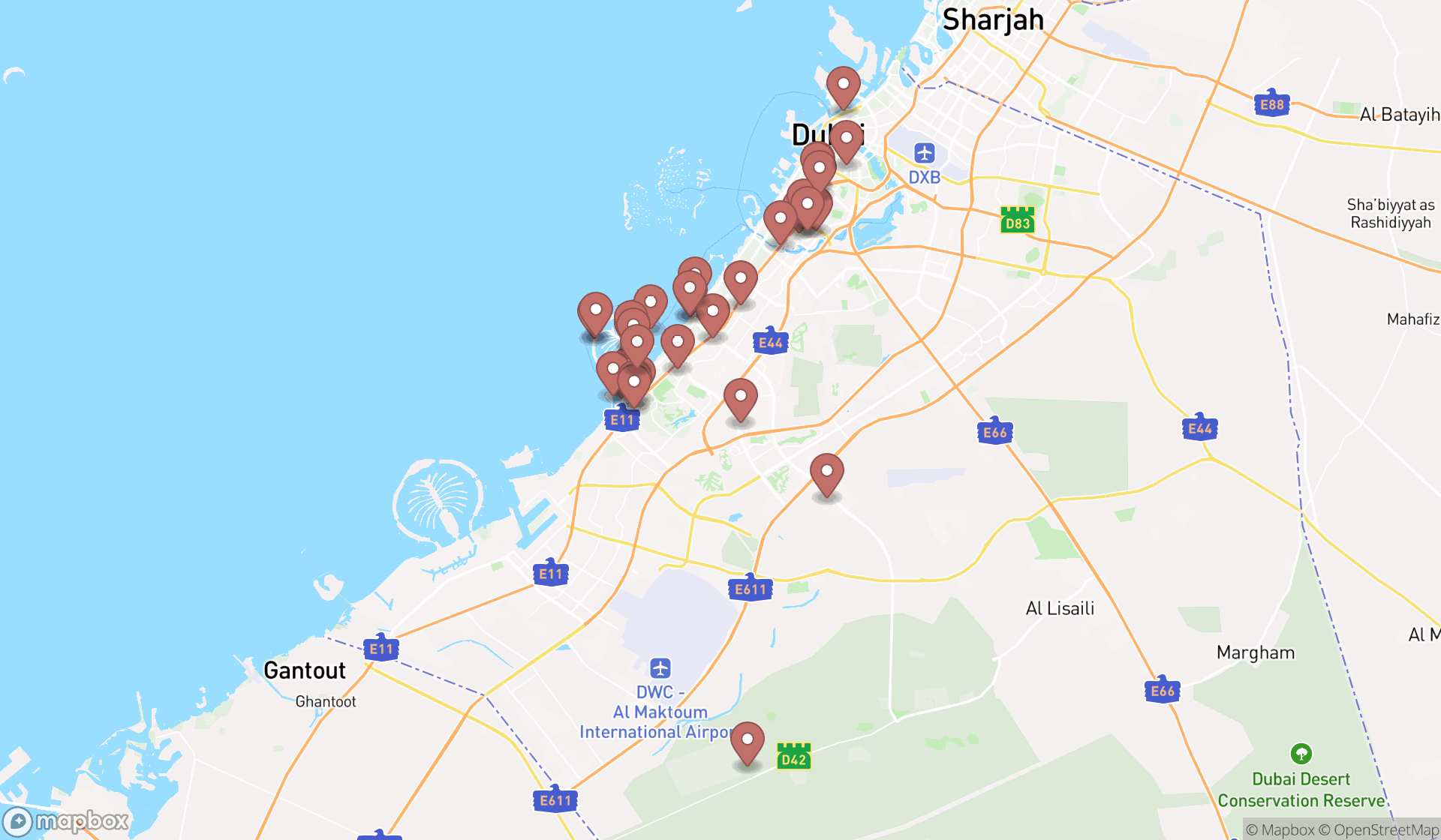 Map showing the search results in Dubai