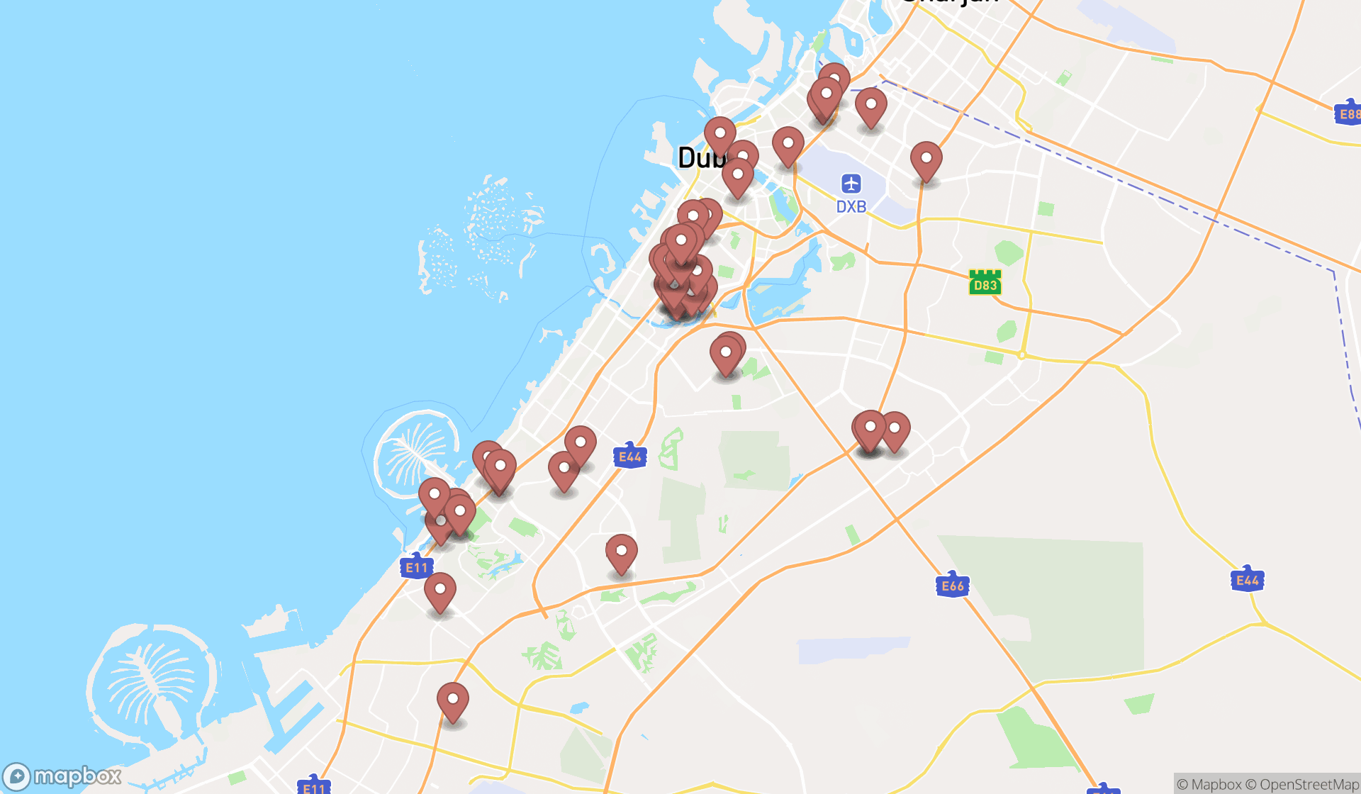 Map showing the search results in Dubai