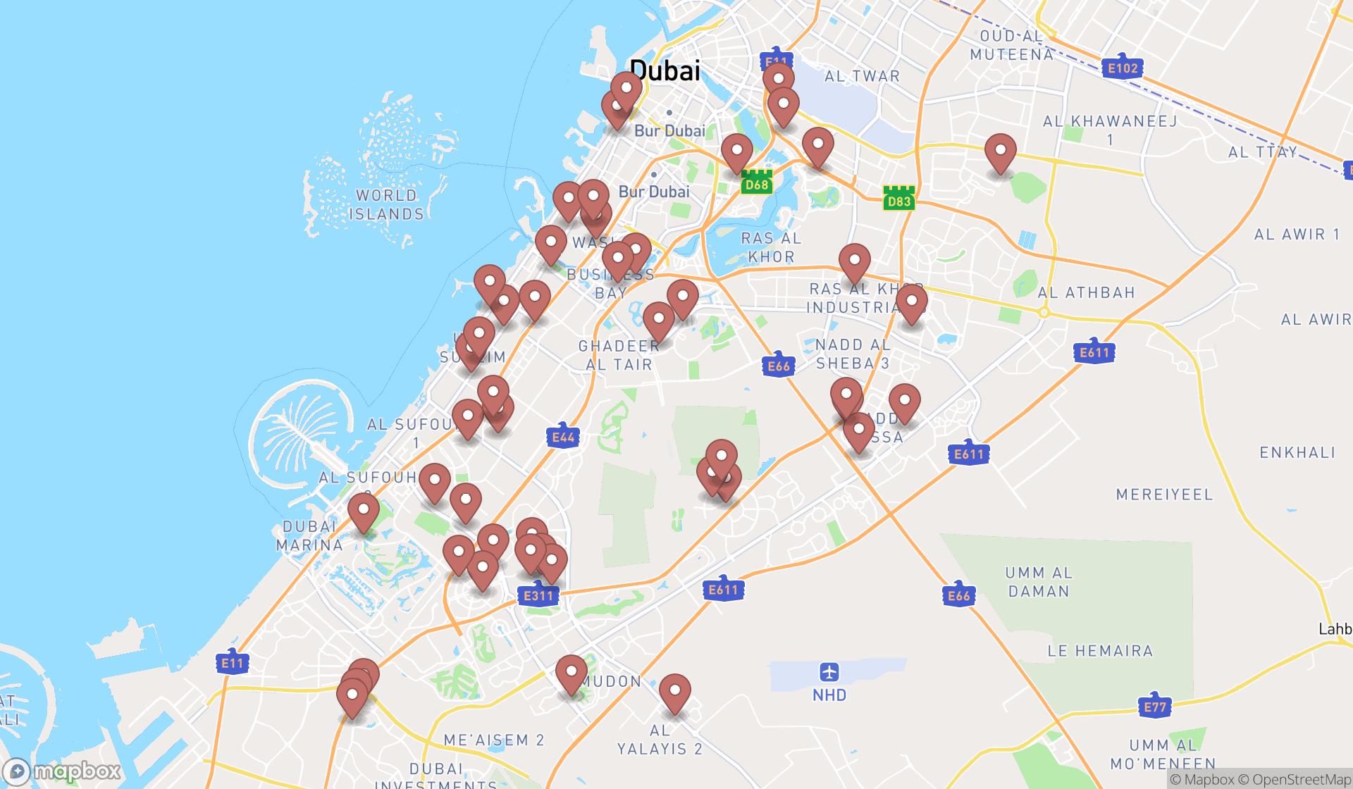Map showing the search results in Dubai