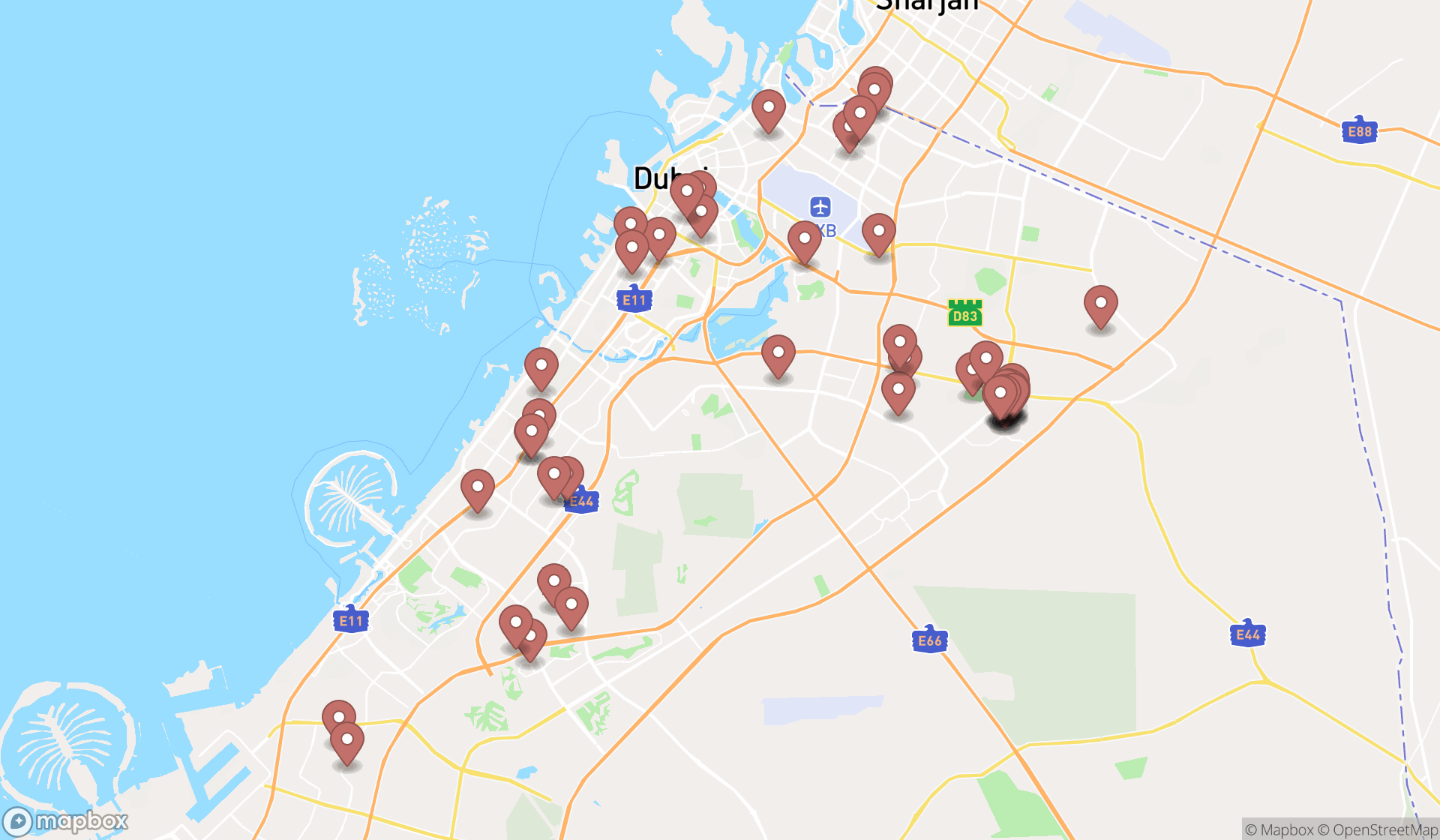 Map showing the search results in Dubai