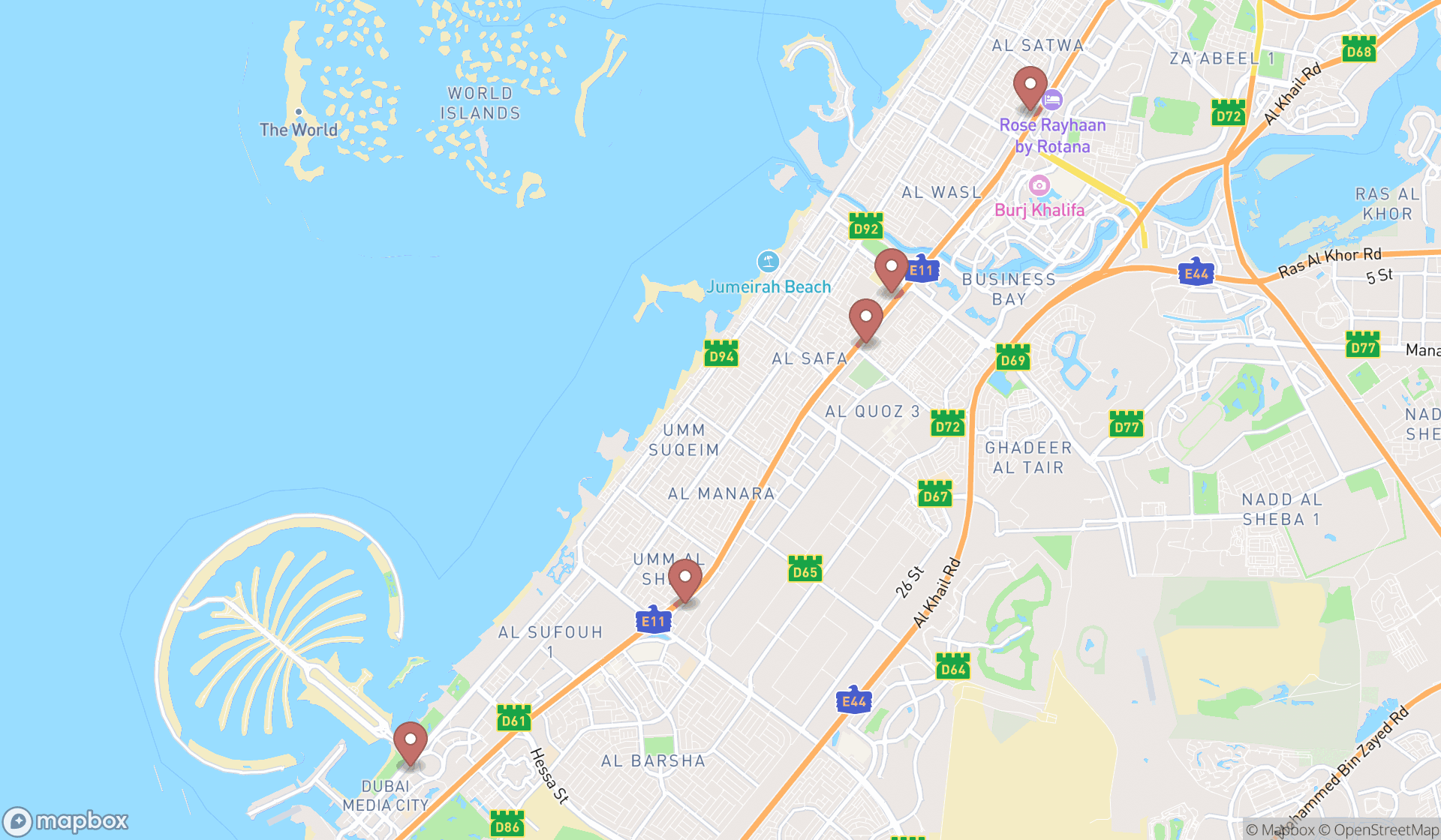 Map showing the search results in Dubai