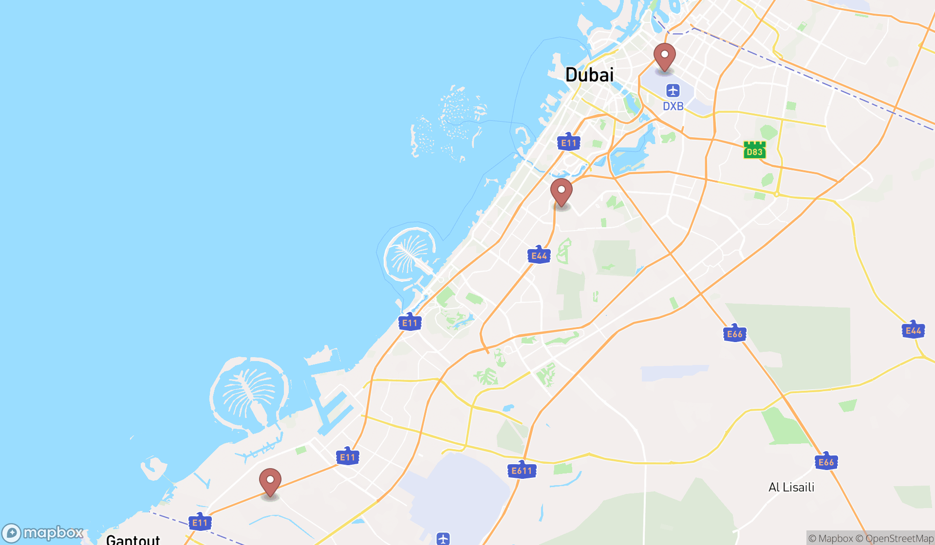 Map showing the search results in Dubai