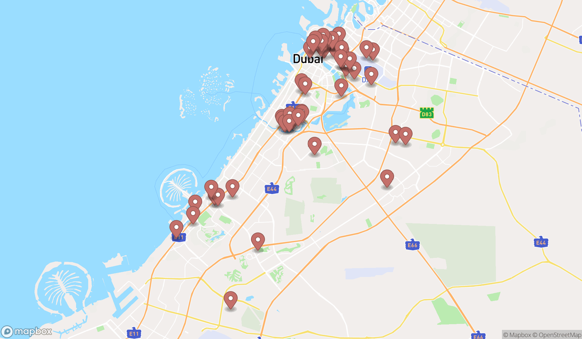 Map showing the search results in Dubai