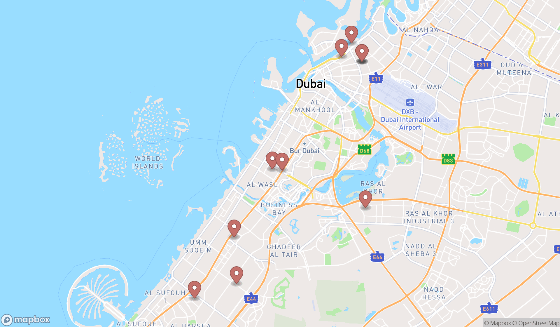 Map showing the search results in Dubai