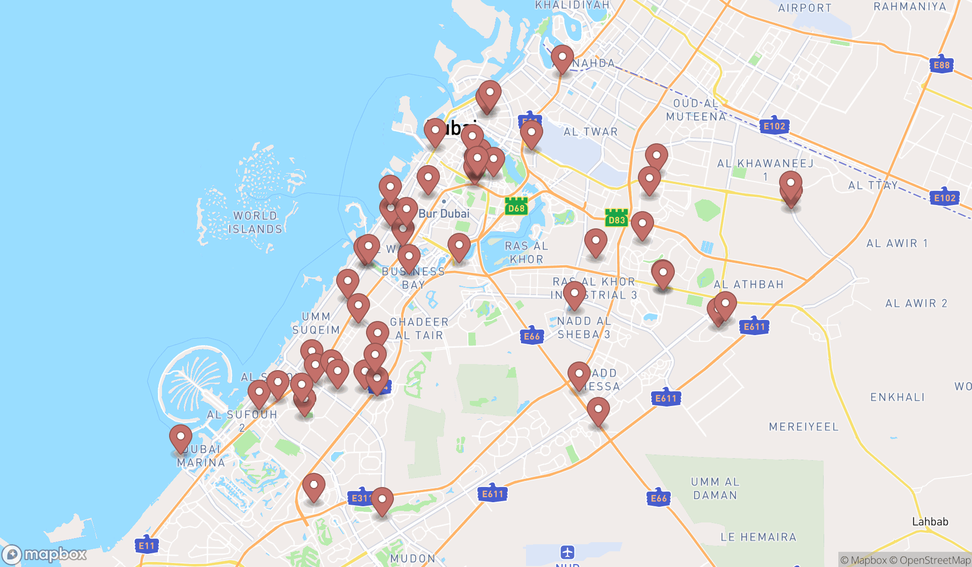 Map showing the search results in Dubai