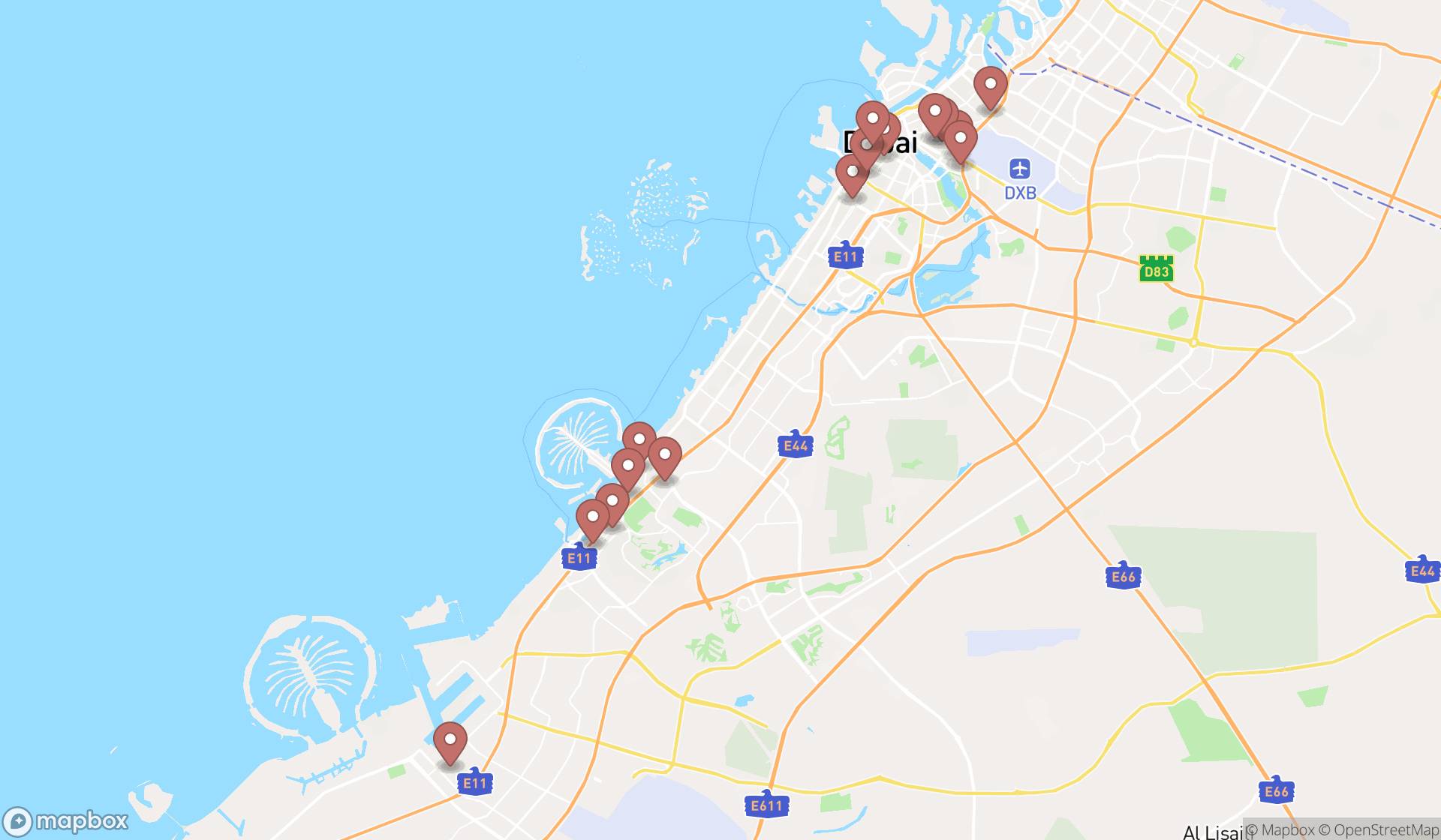 Map showing the search results in Dubai