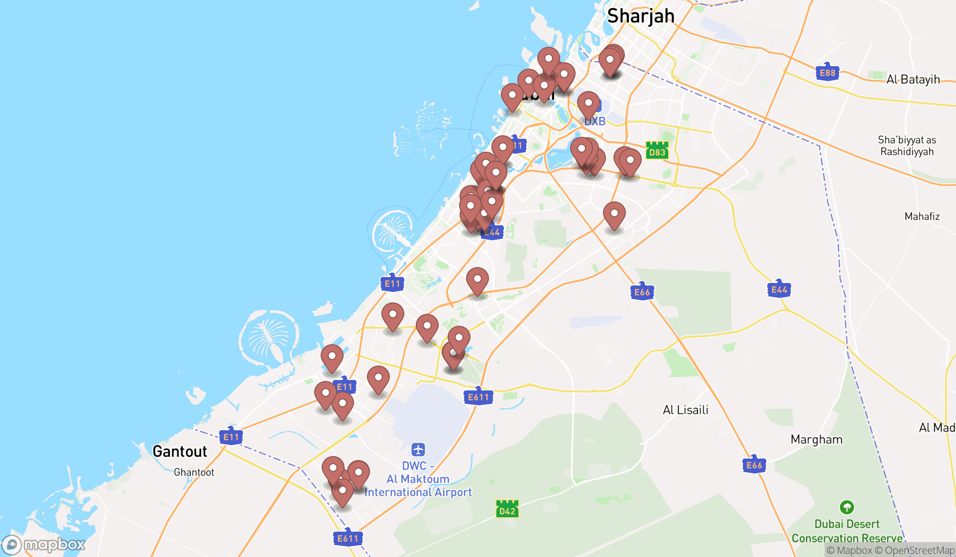 Map showing the search results in Dubai