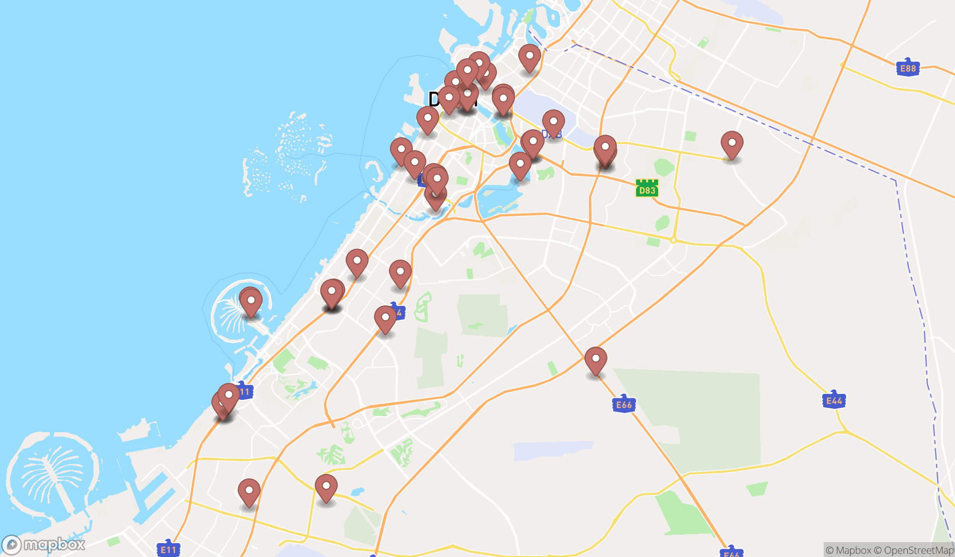 Map showing the search results in Dubai