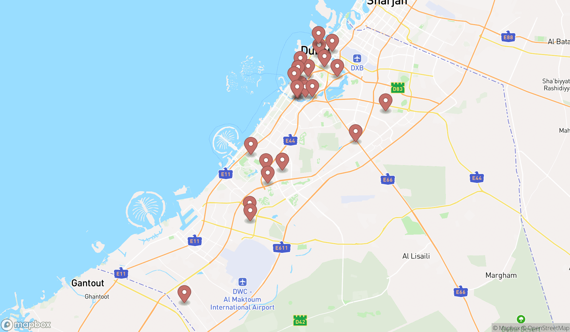 Map showing the search results in Dubai
