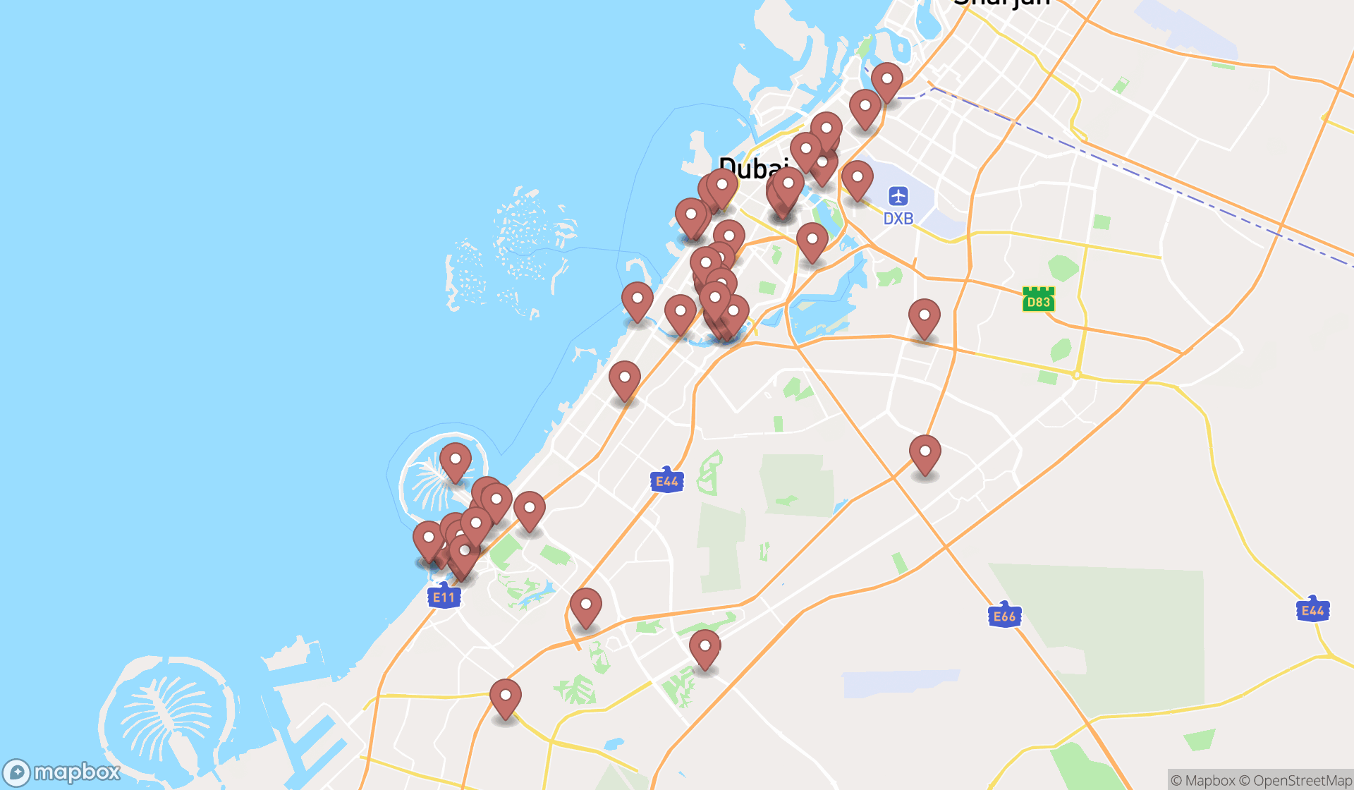 Map showing the search results in Dubai