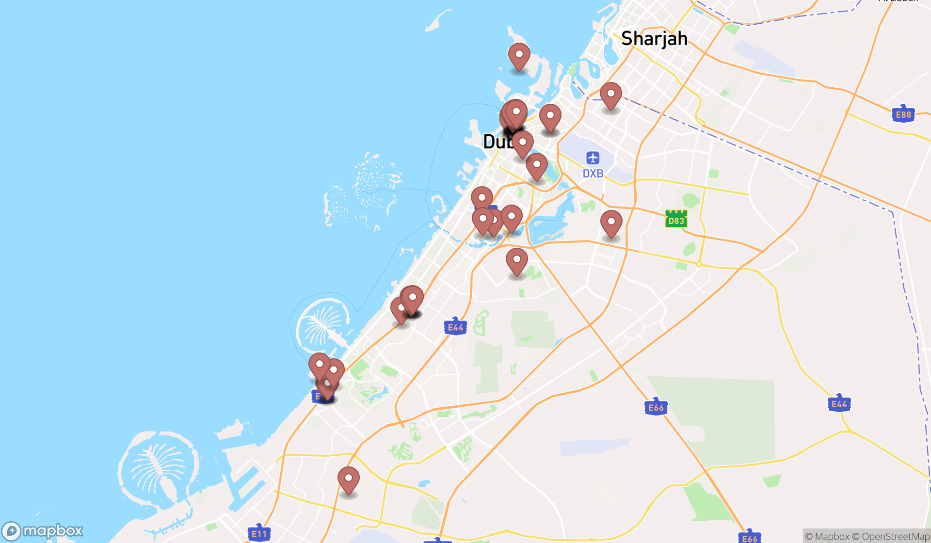 Map showing the search results in Dubai