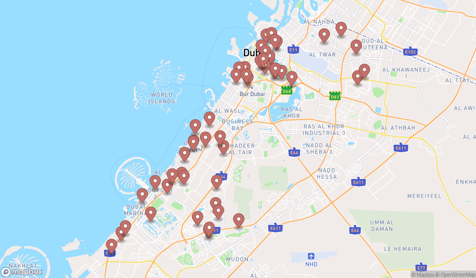 Map showing the search results in Dubai