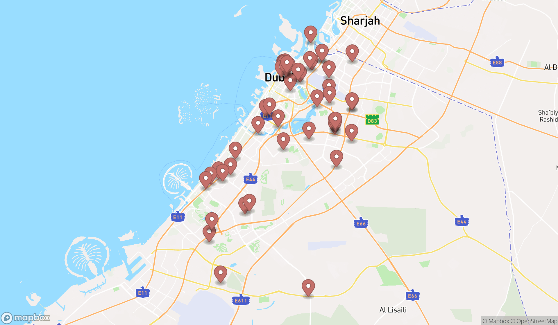 Map showing the search results in Dubai