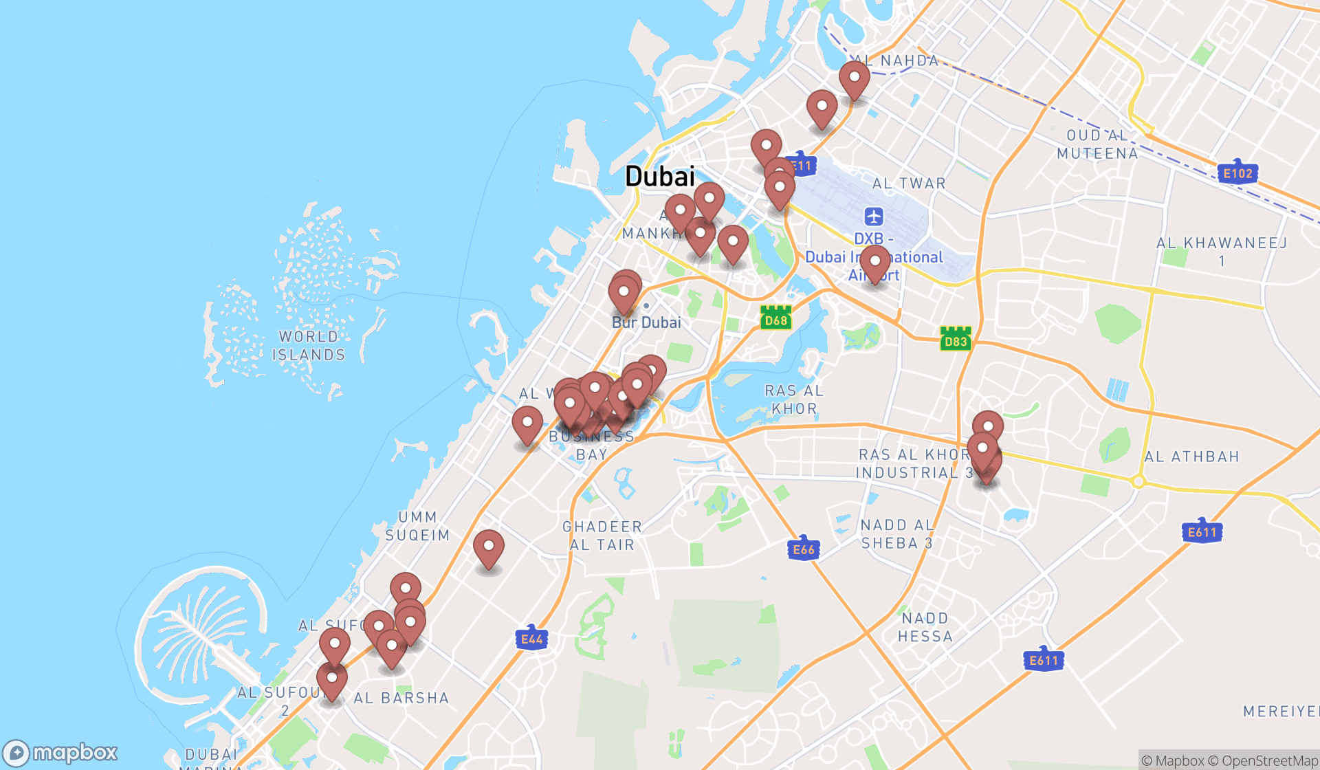Map showing the search results in Dubai