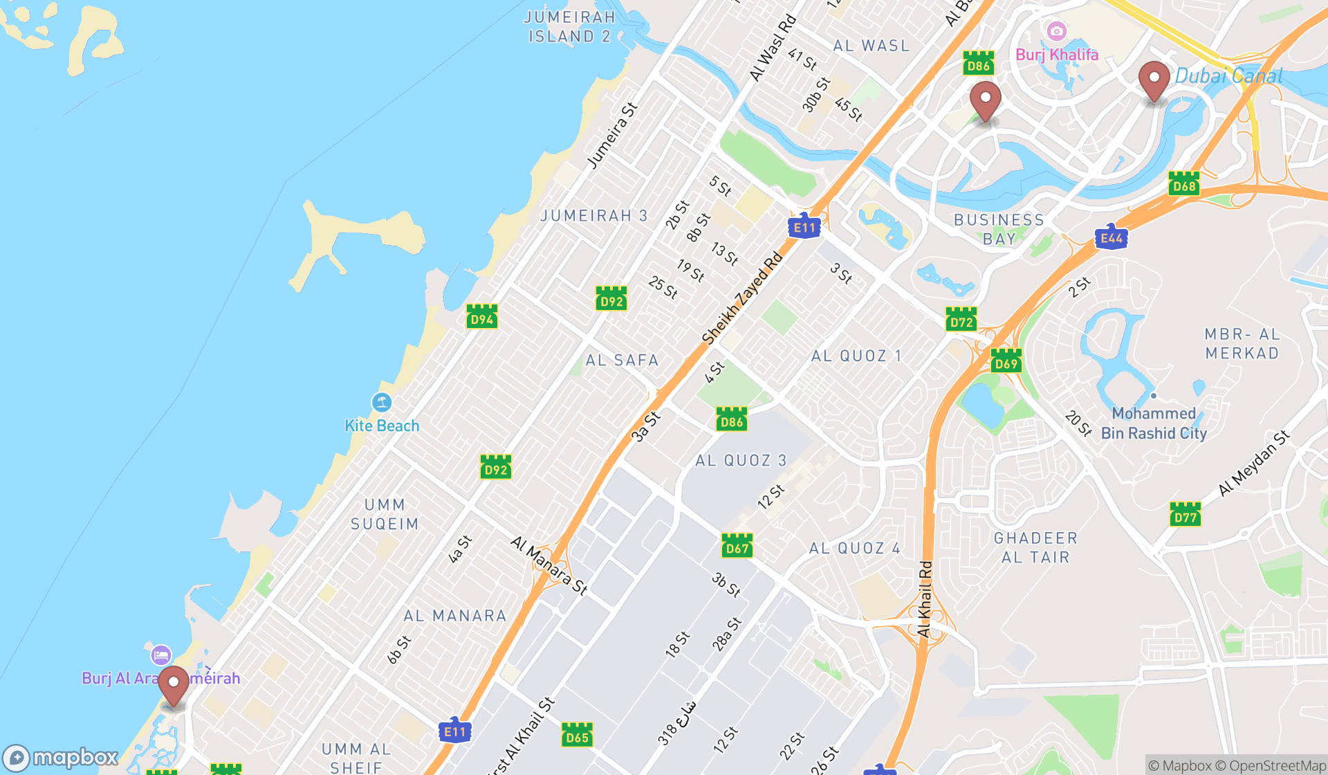 Map showing the search results in Dubai