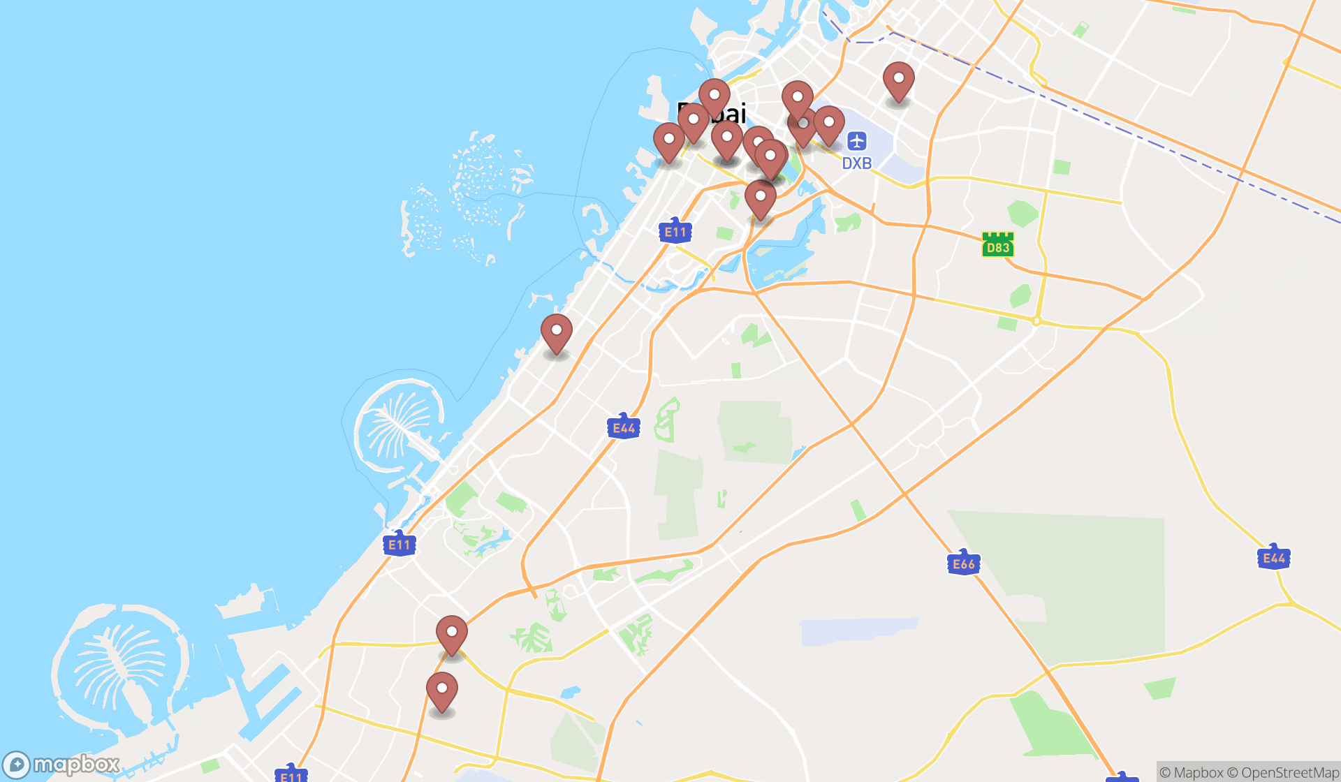 Map showing the search results in Dubai