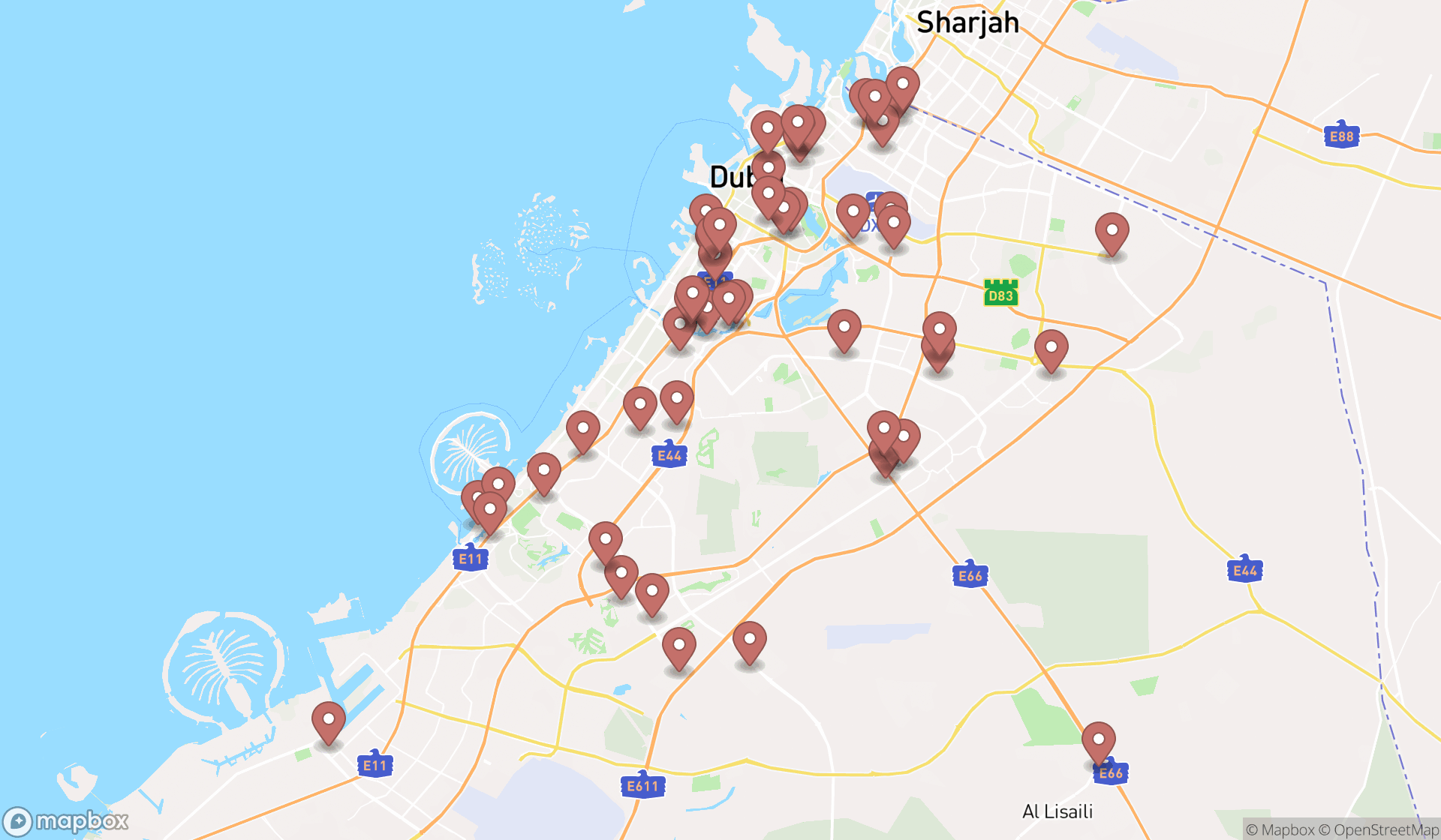 Map showing the search results in Dubai