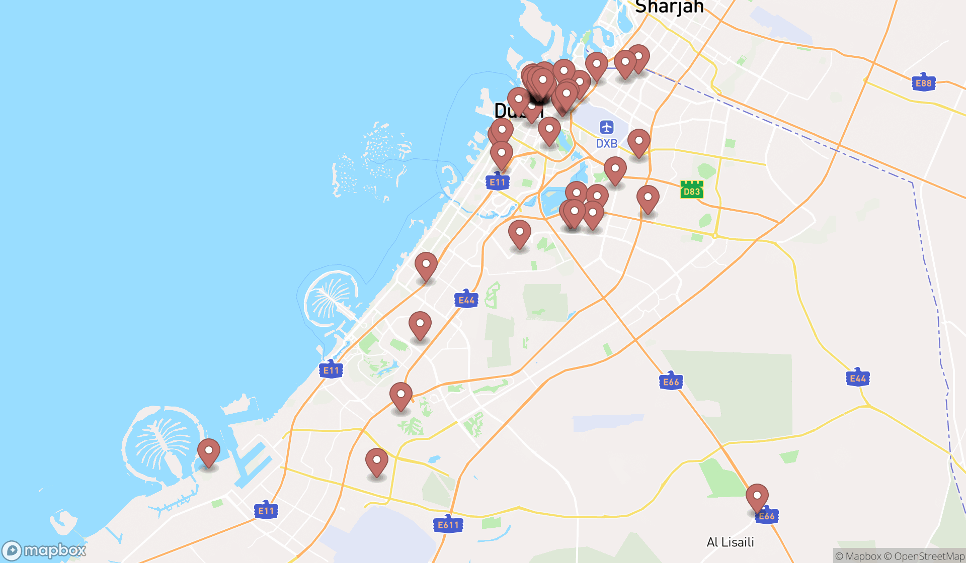 Map showing the search results in Dubai