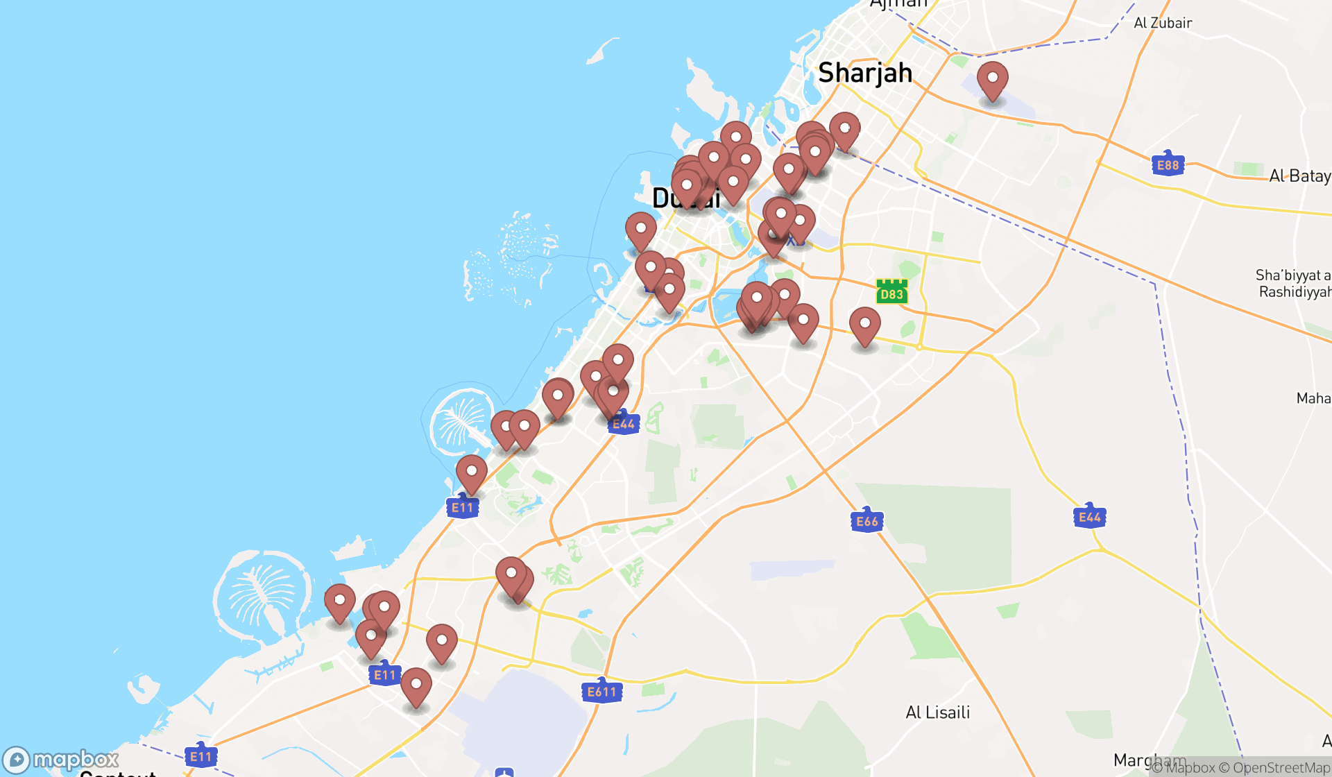 Map showing the search results in Dubai