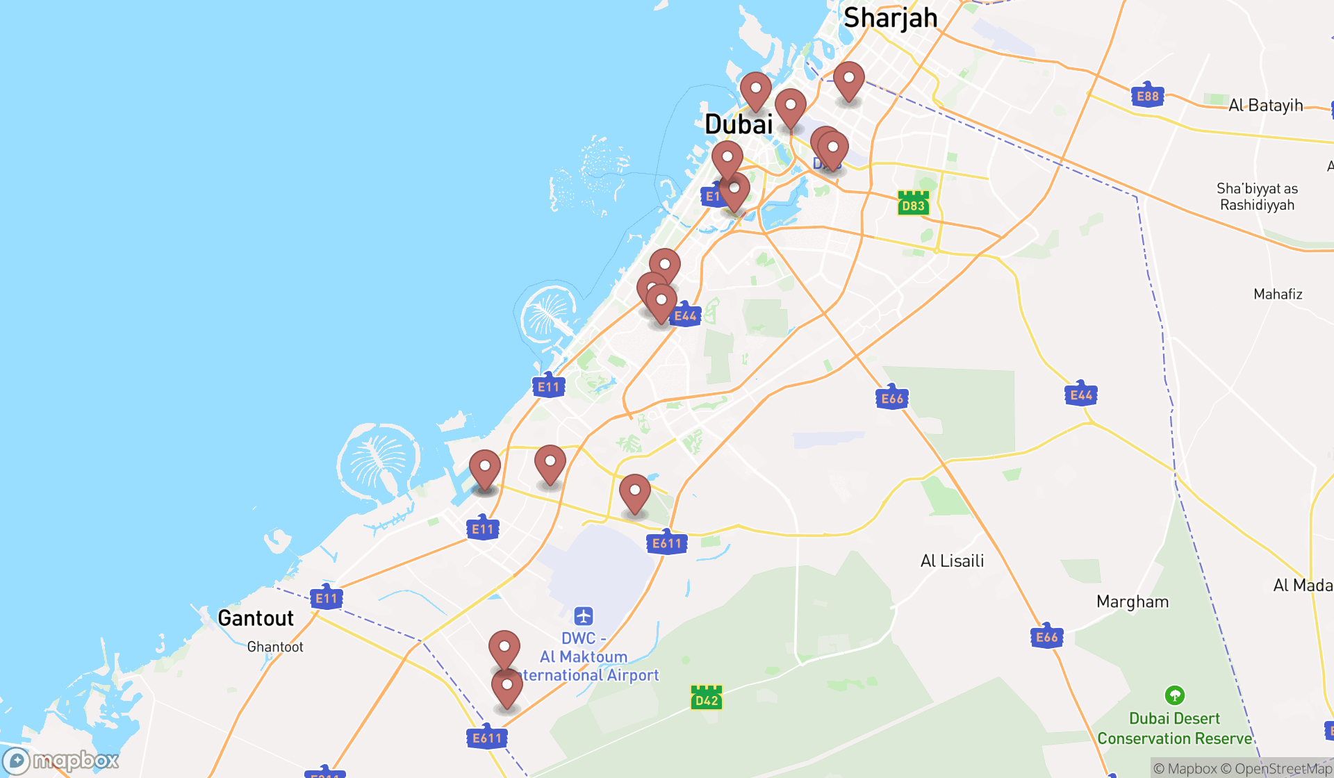 Map showing the search results in Dubai