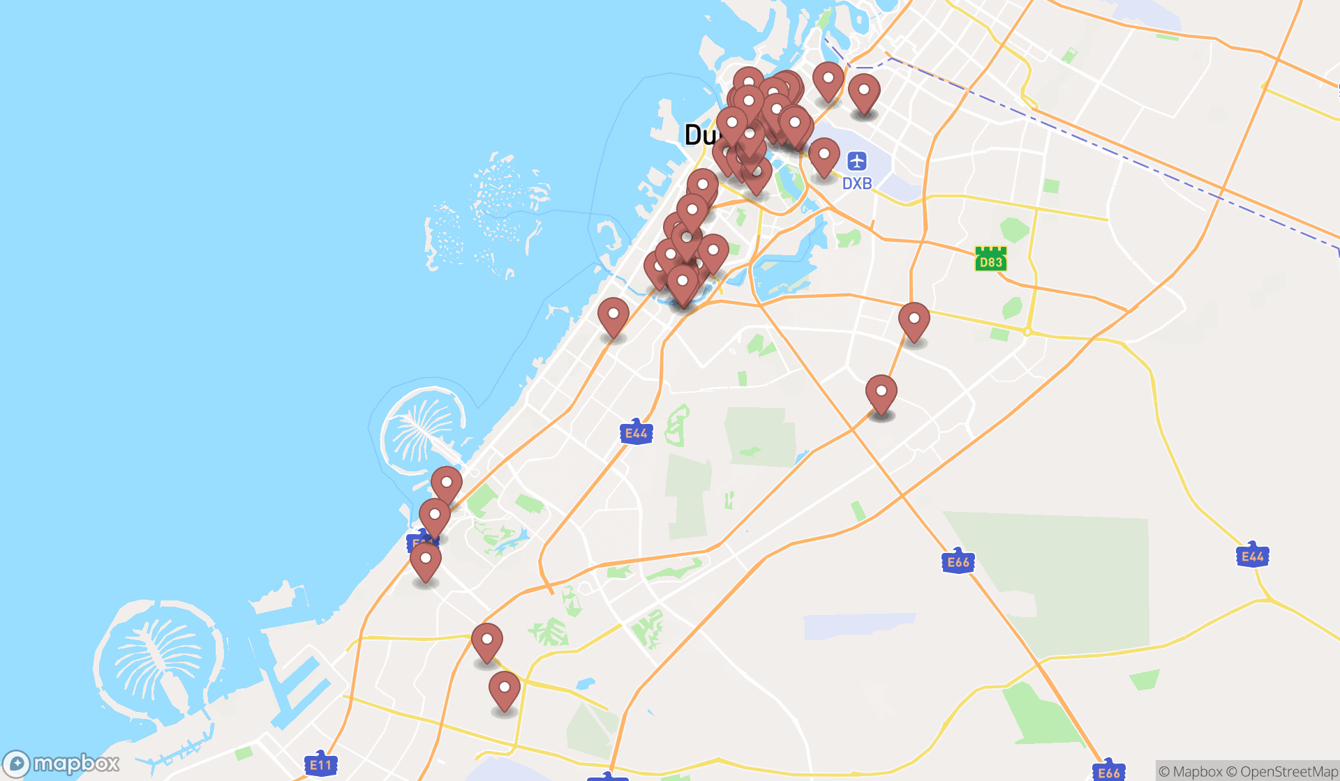 Map showing the search results in Dubai