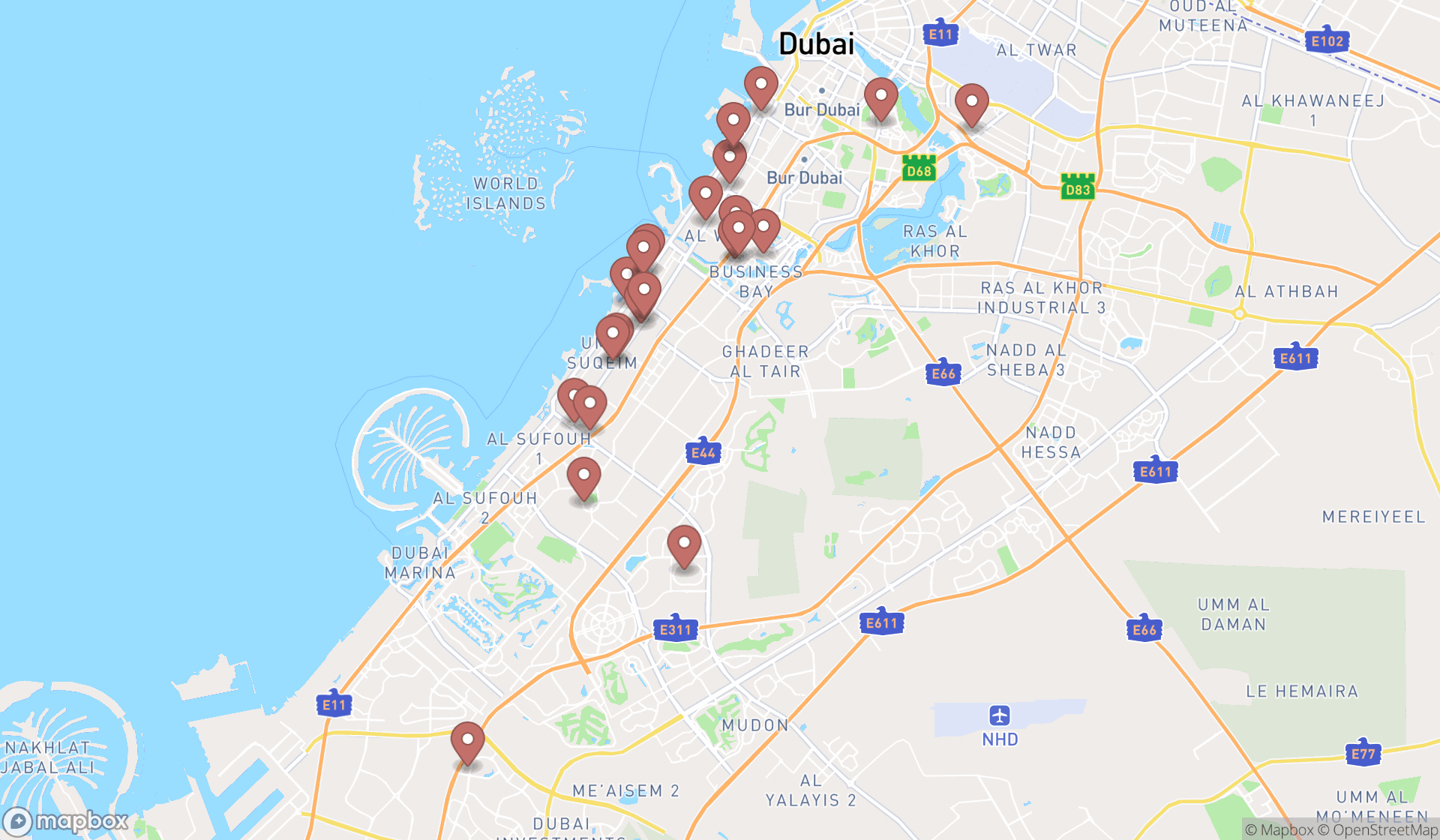 Map showing the search results in Dubai