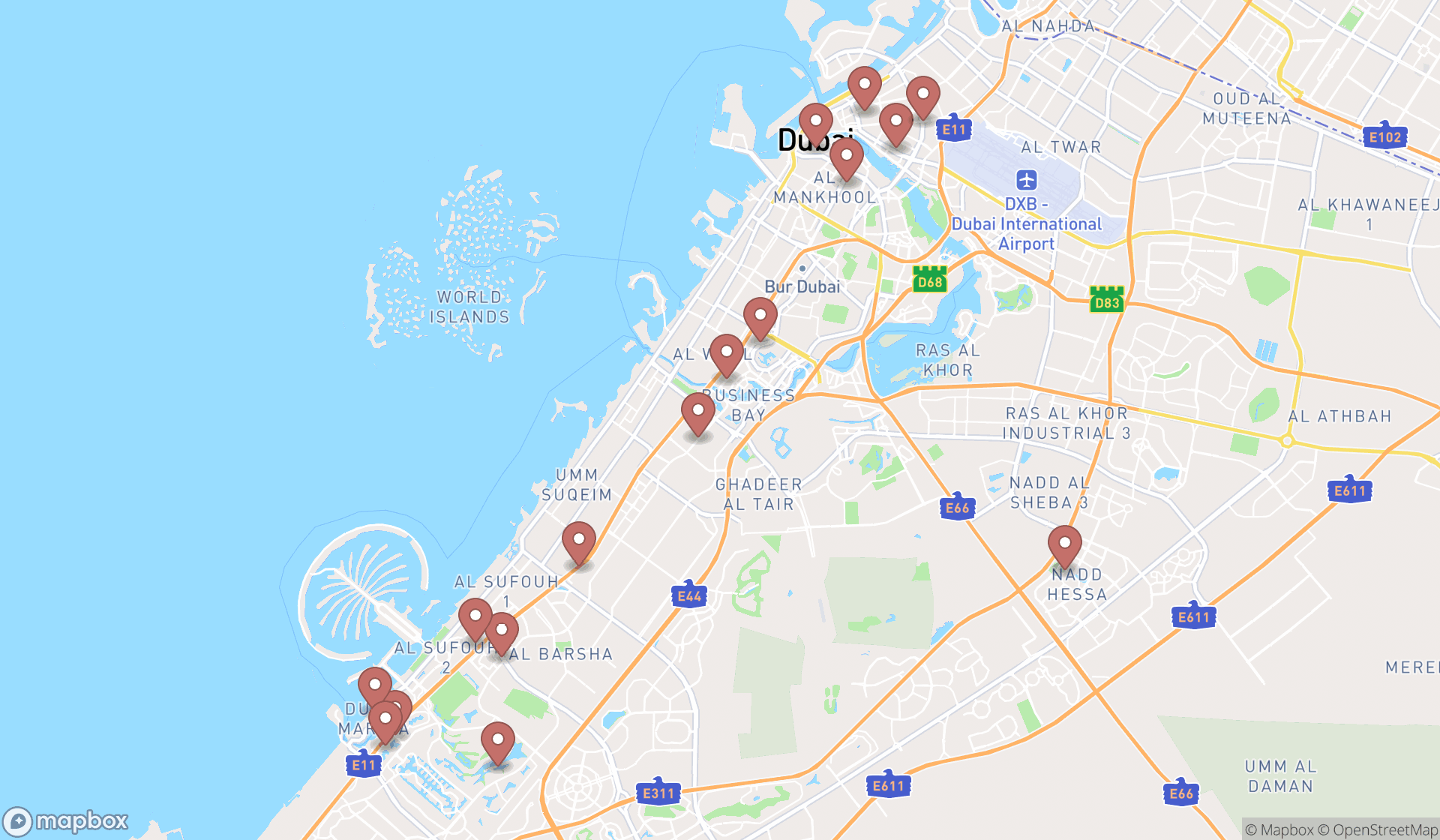 Map showing the search results in Dubai