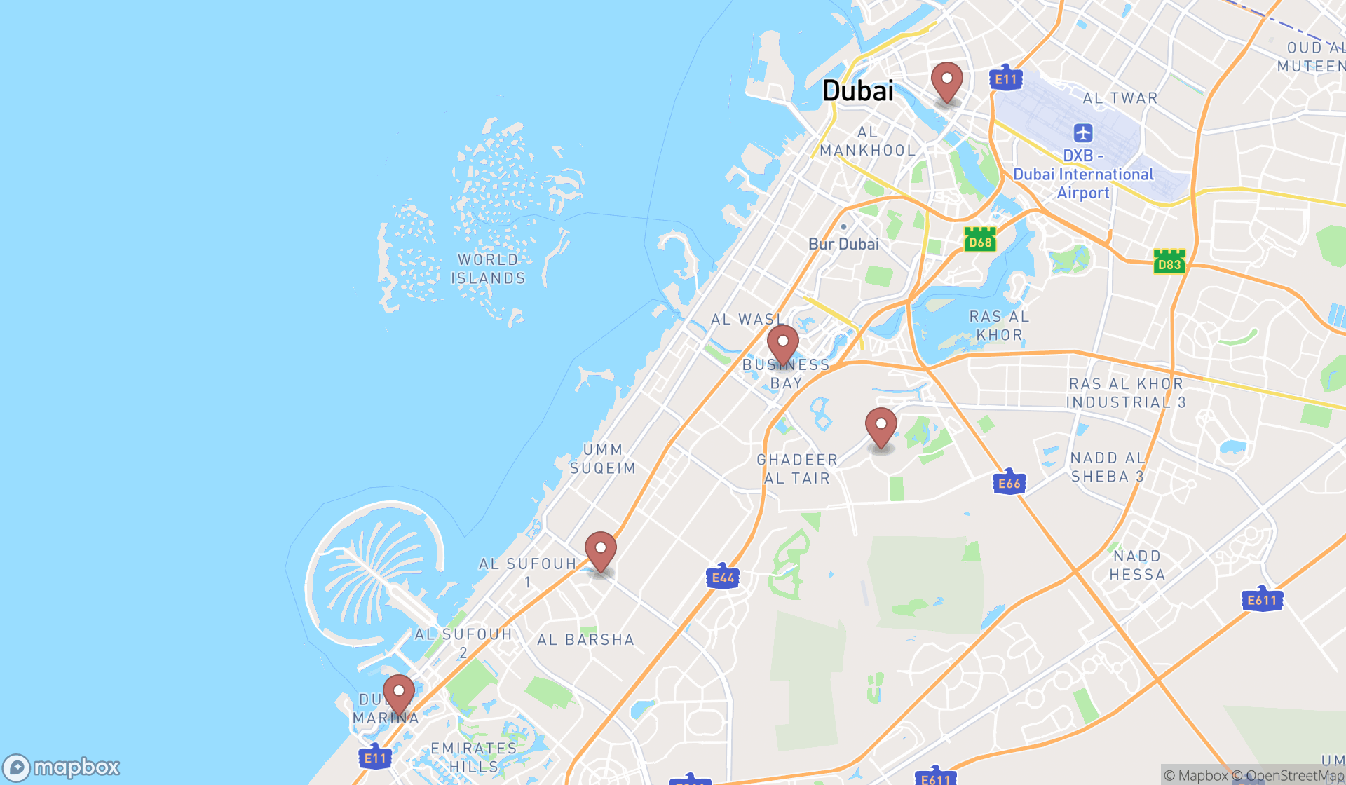 Map showing the search results in Dubai
