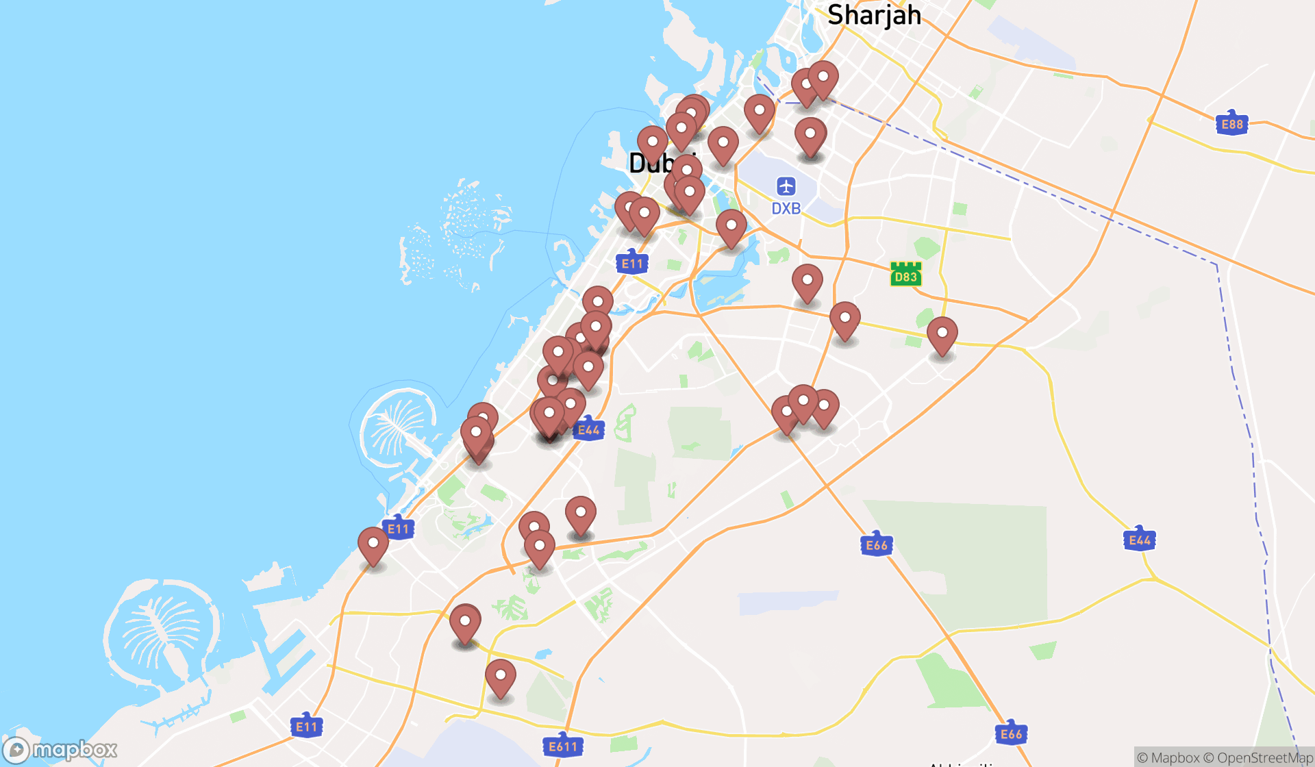 Map showing the search results in Dubai