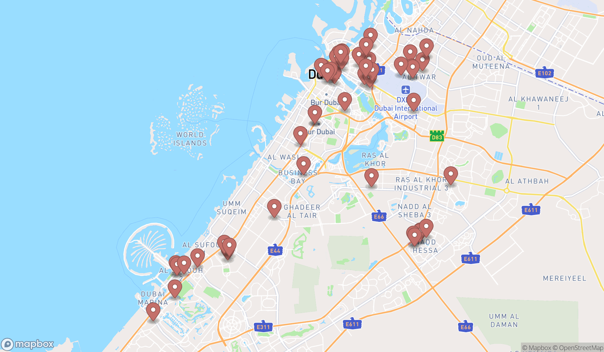 Map showing the search results in Dubai