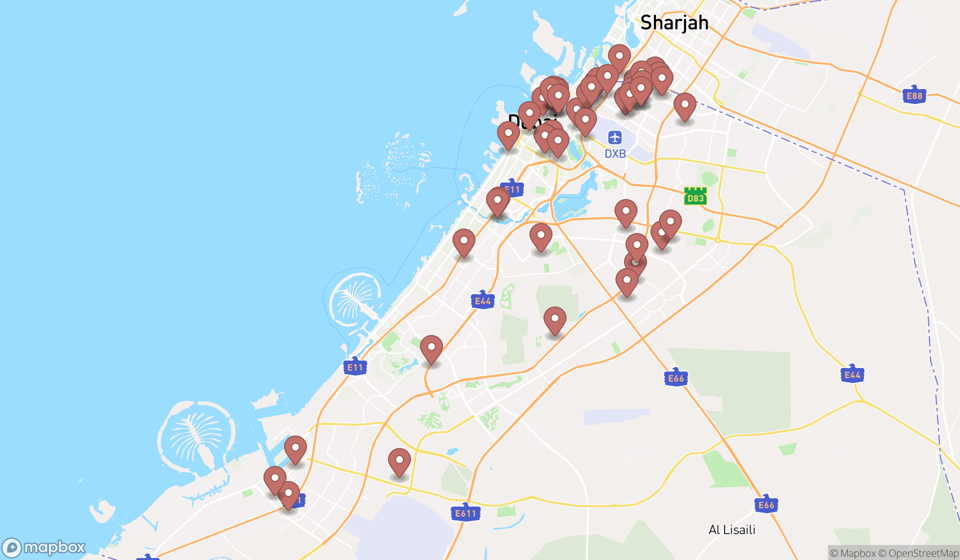 Map showing the search results in Dubai