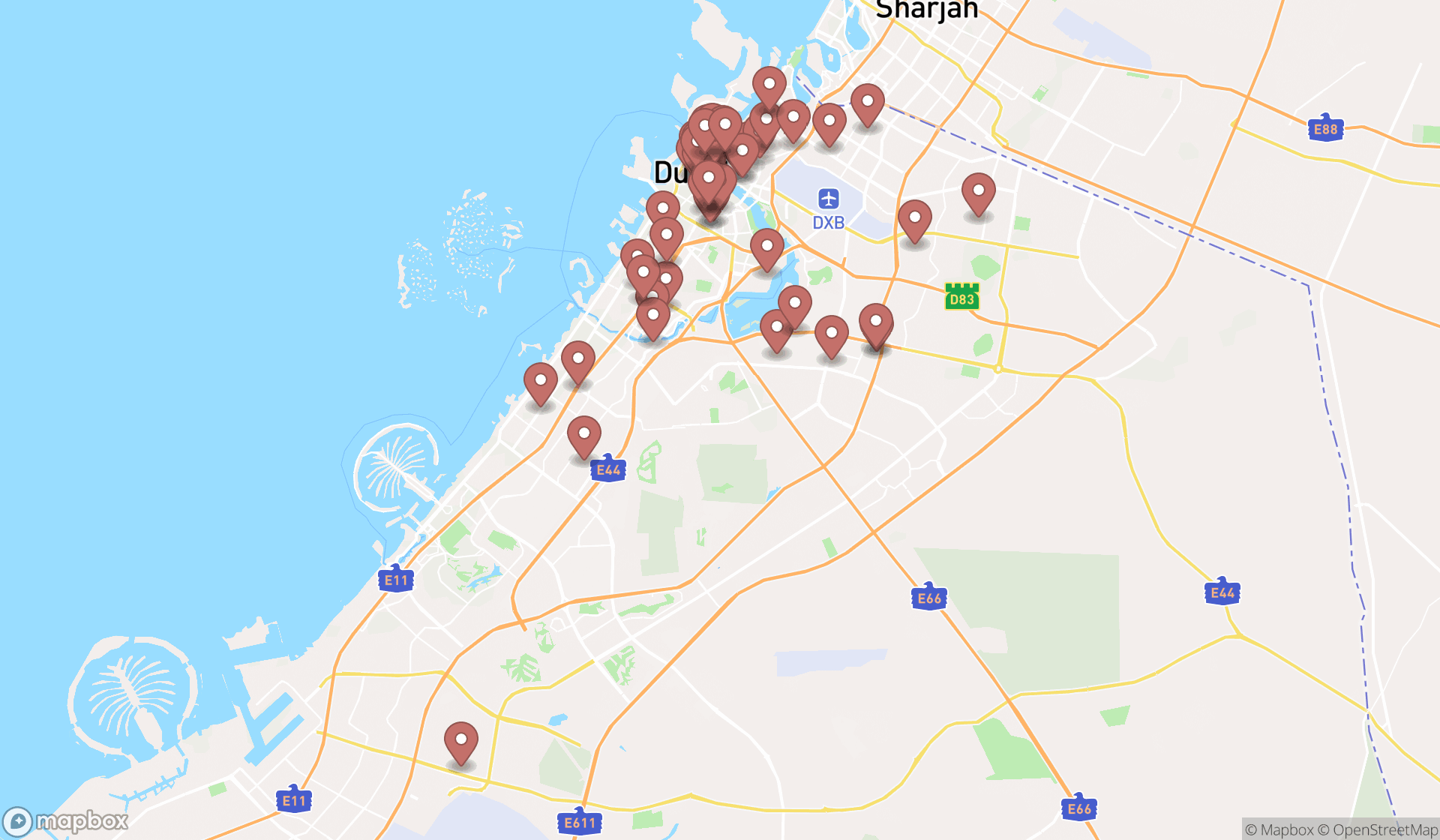 Map showing the search results in Dubai
