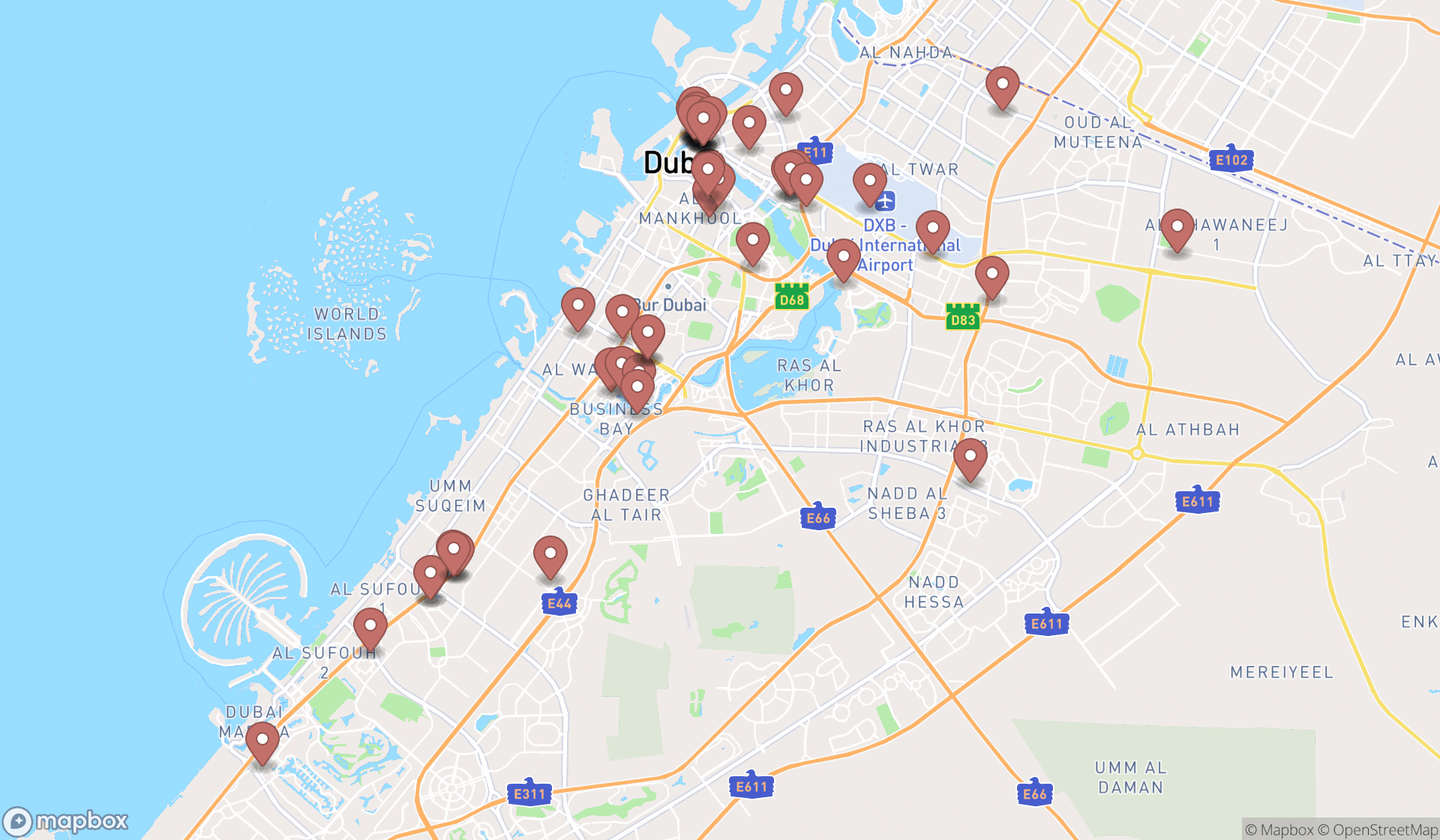 Map showing the search results in Dubai