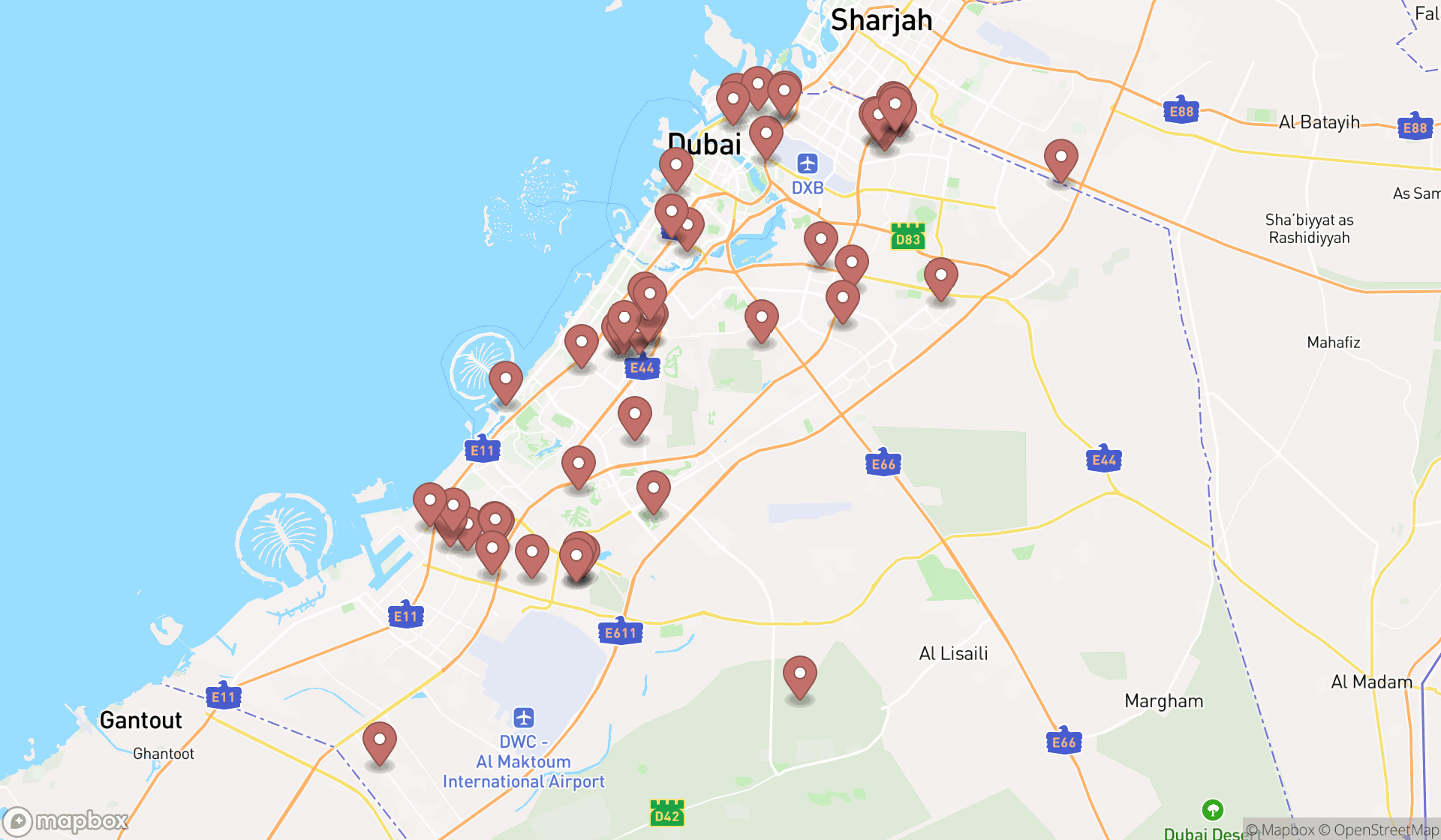 Map showing the search results in Dubai