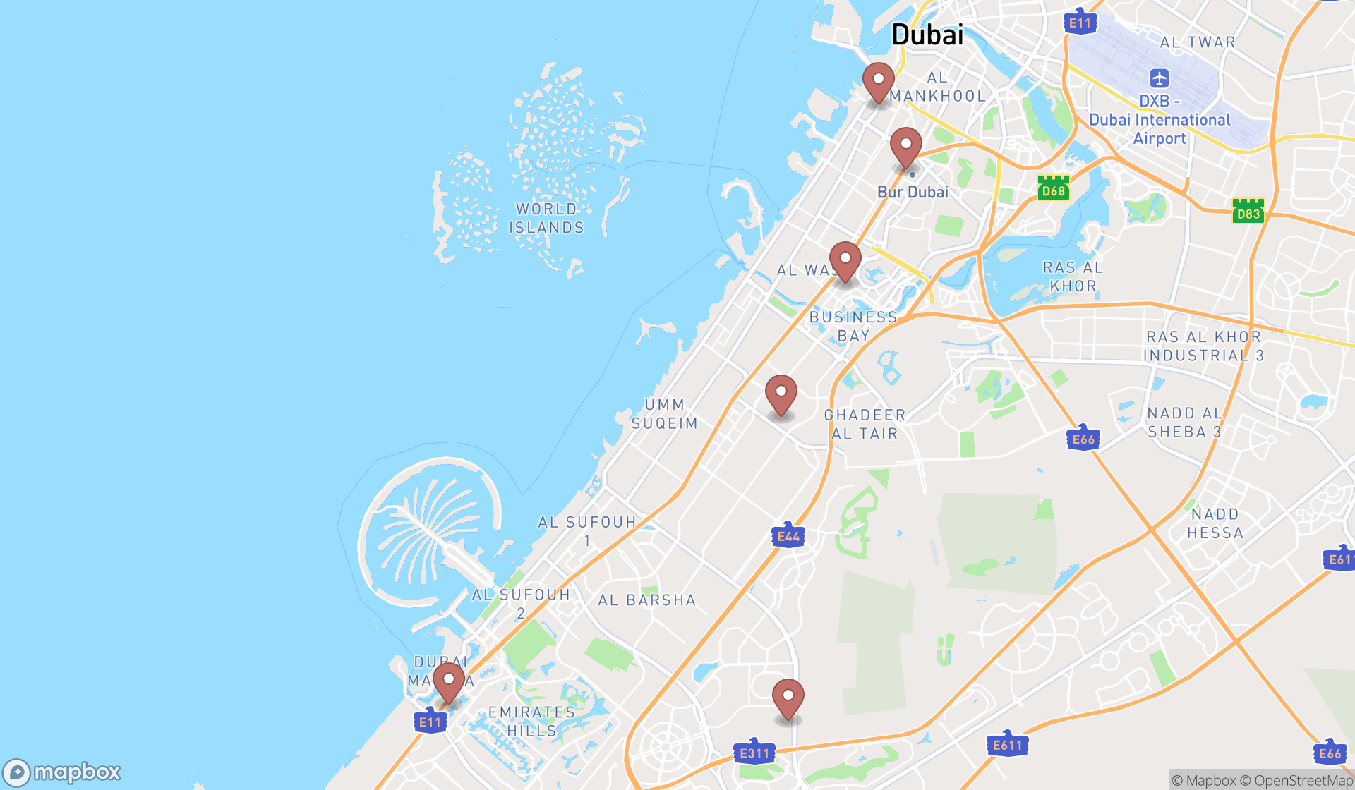 Map showing the search results in Dubai
