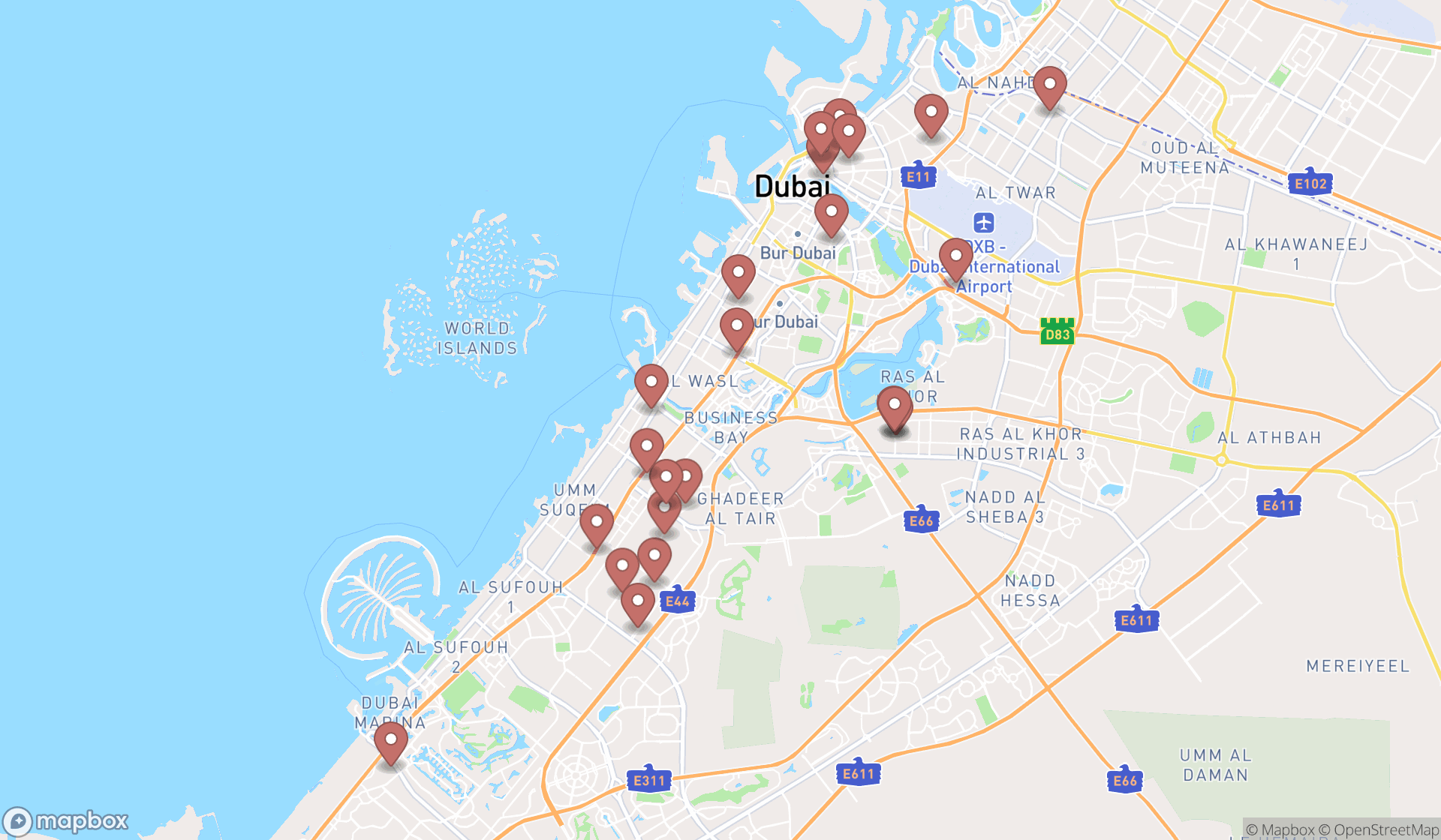 Map showing the search results in Dubai