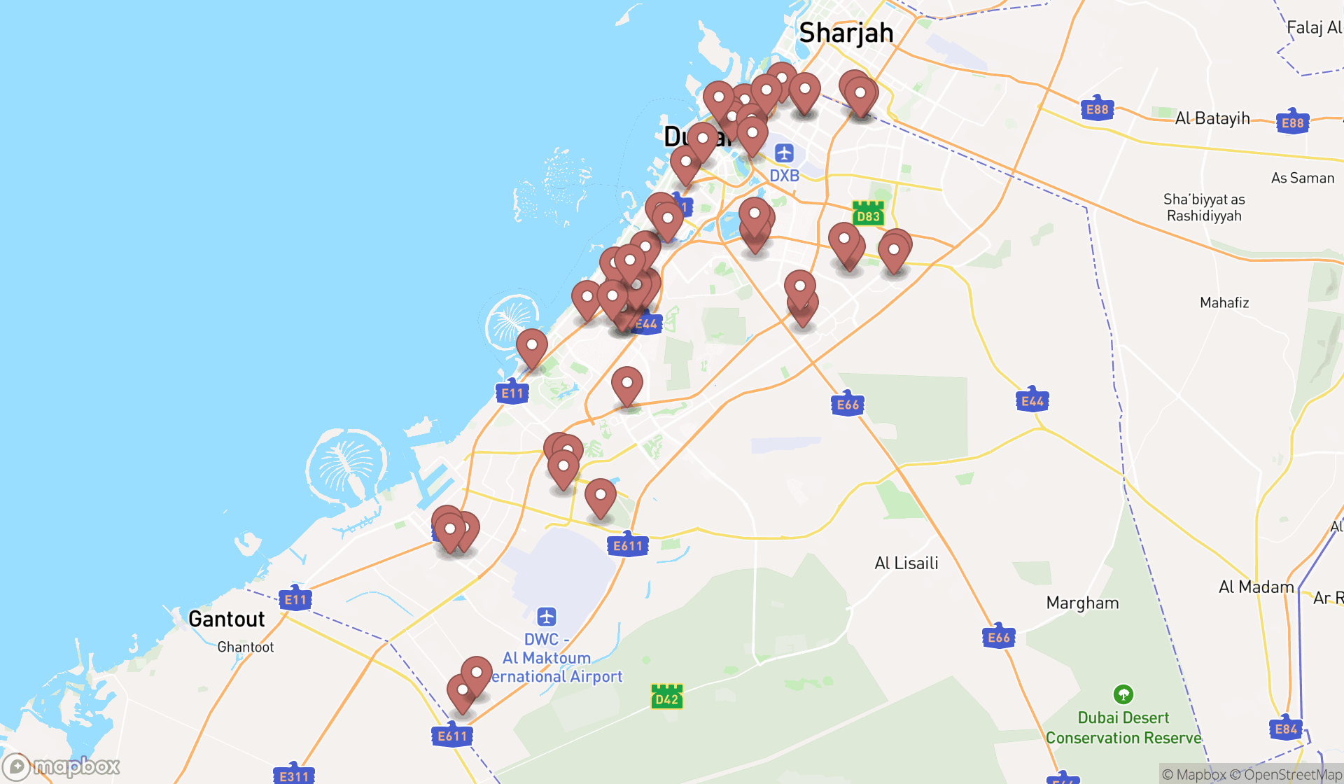 Map showing the search results in Dubai