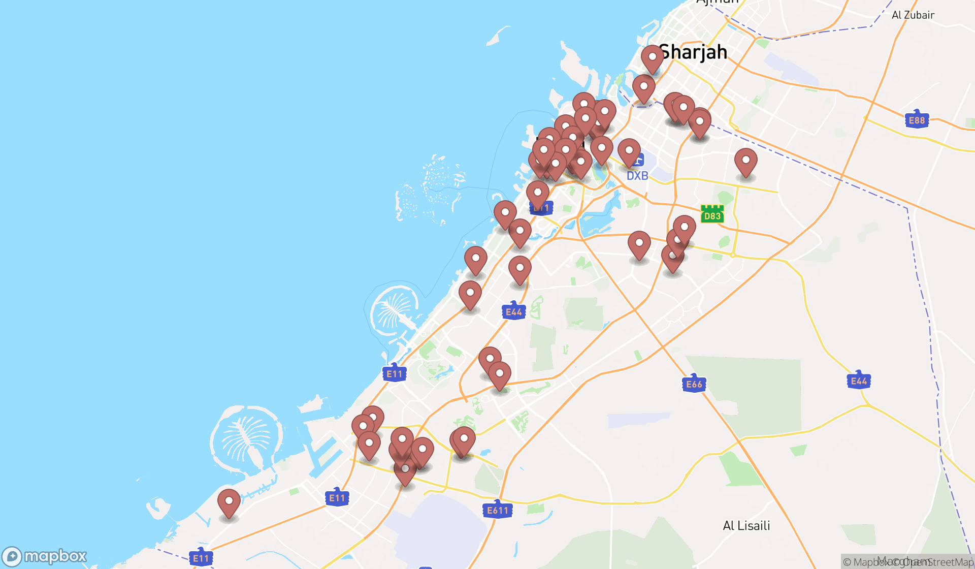 Map showing the search results in Dubai