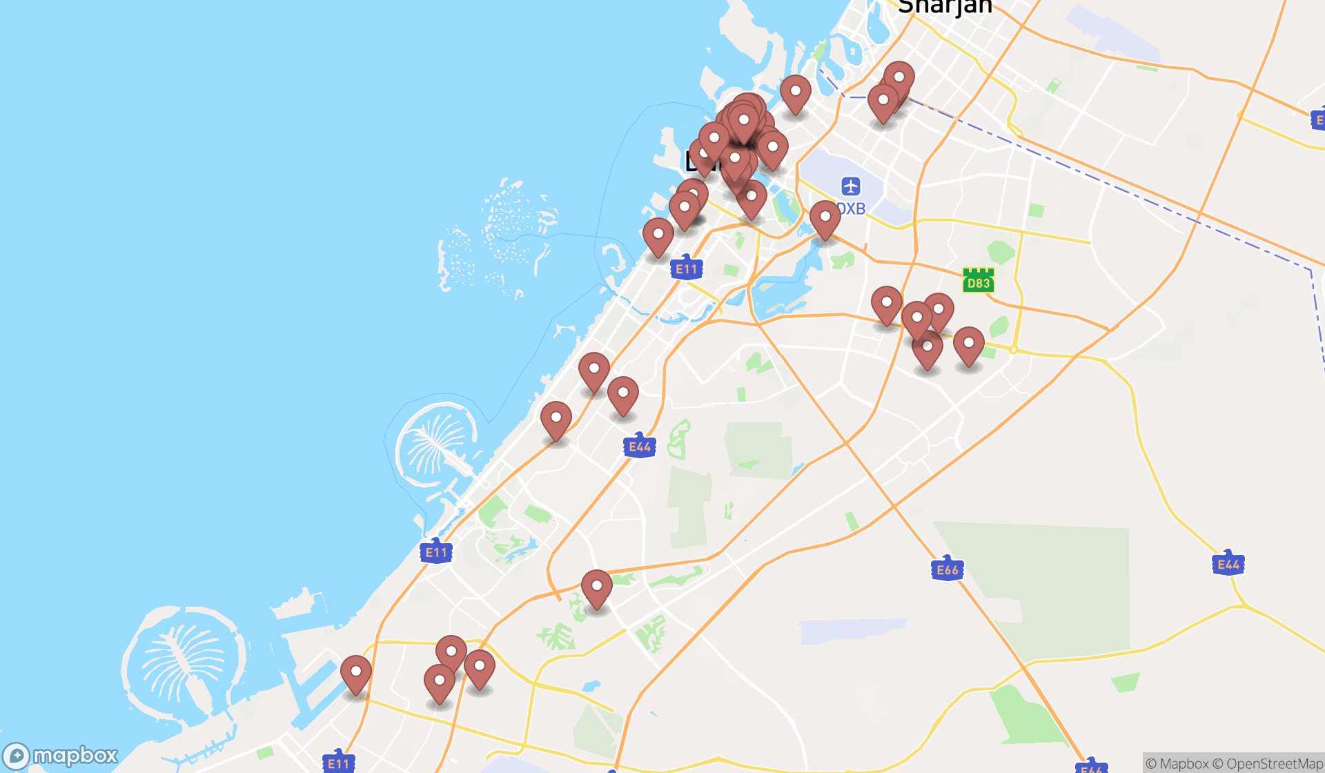 Map showing the search results in Dubai