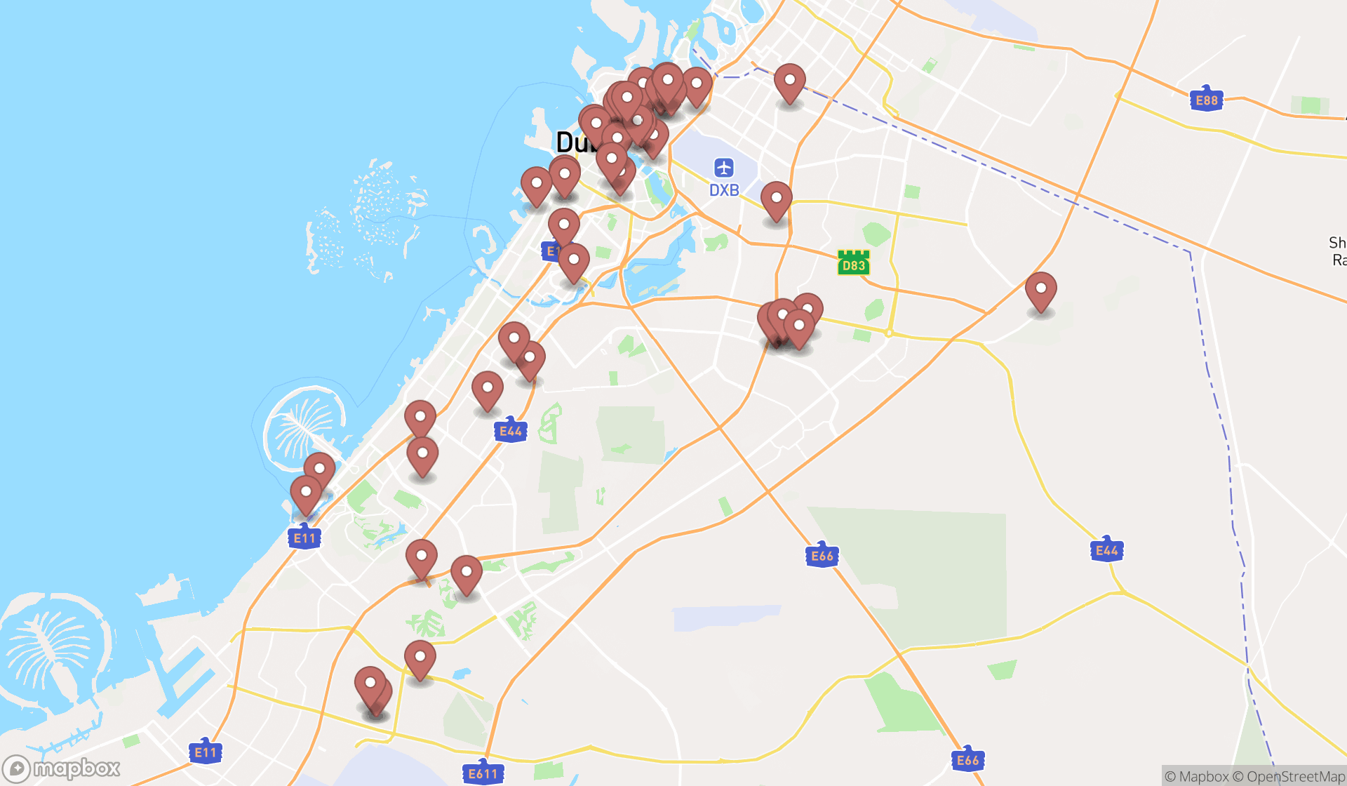 Map showing the search results in Dubai