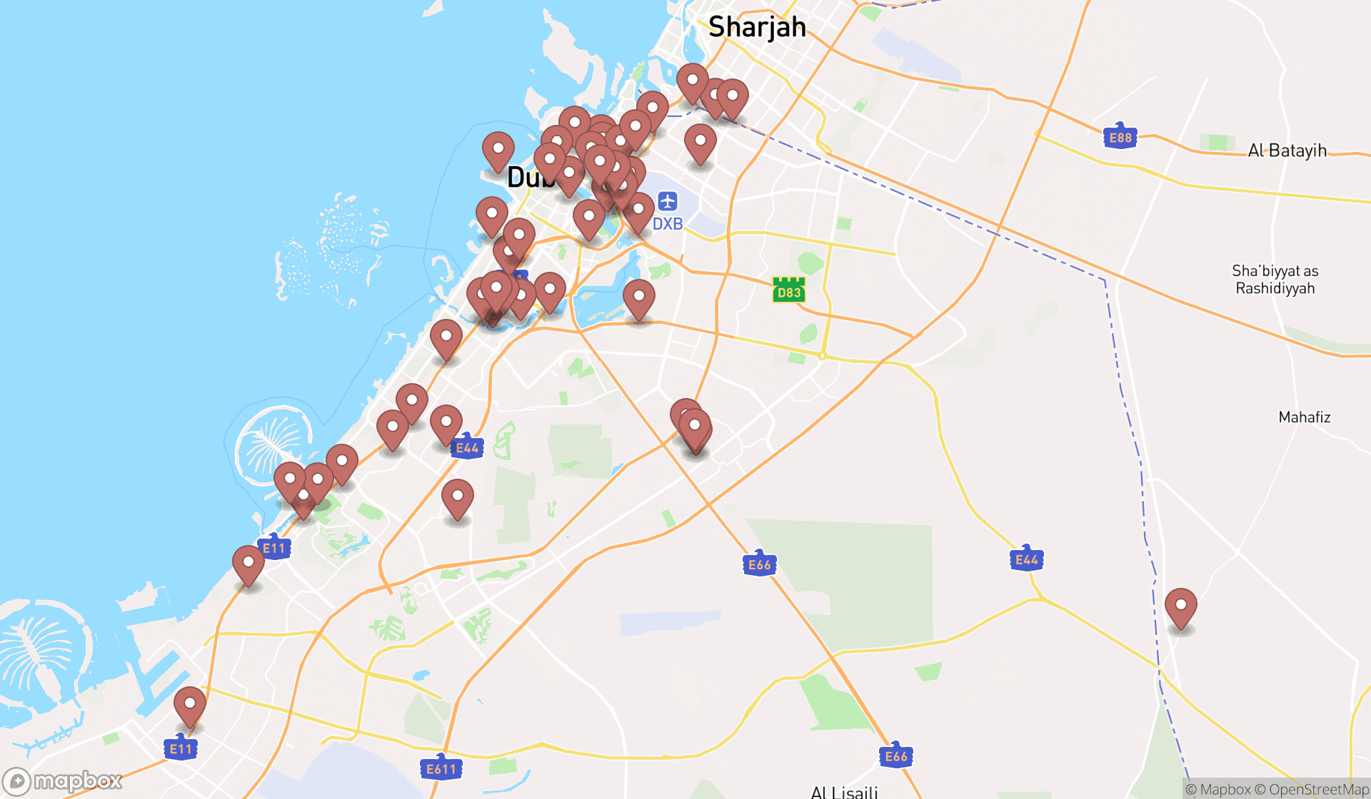 Map showing the search results in Dubai