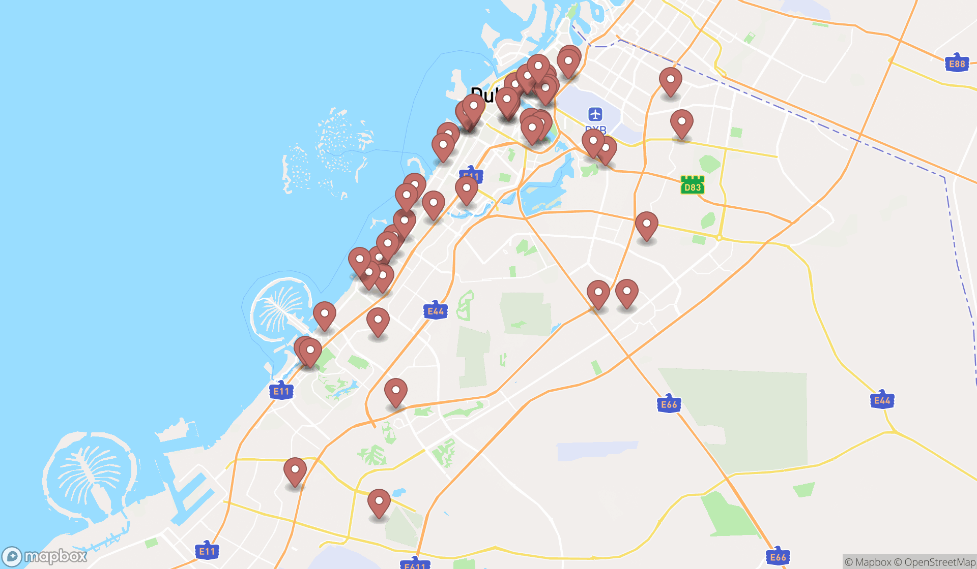Map showing the search results in Dubai