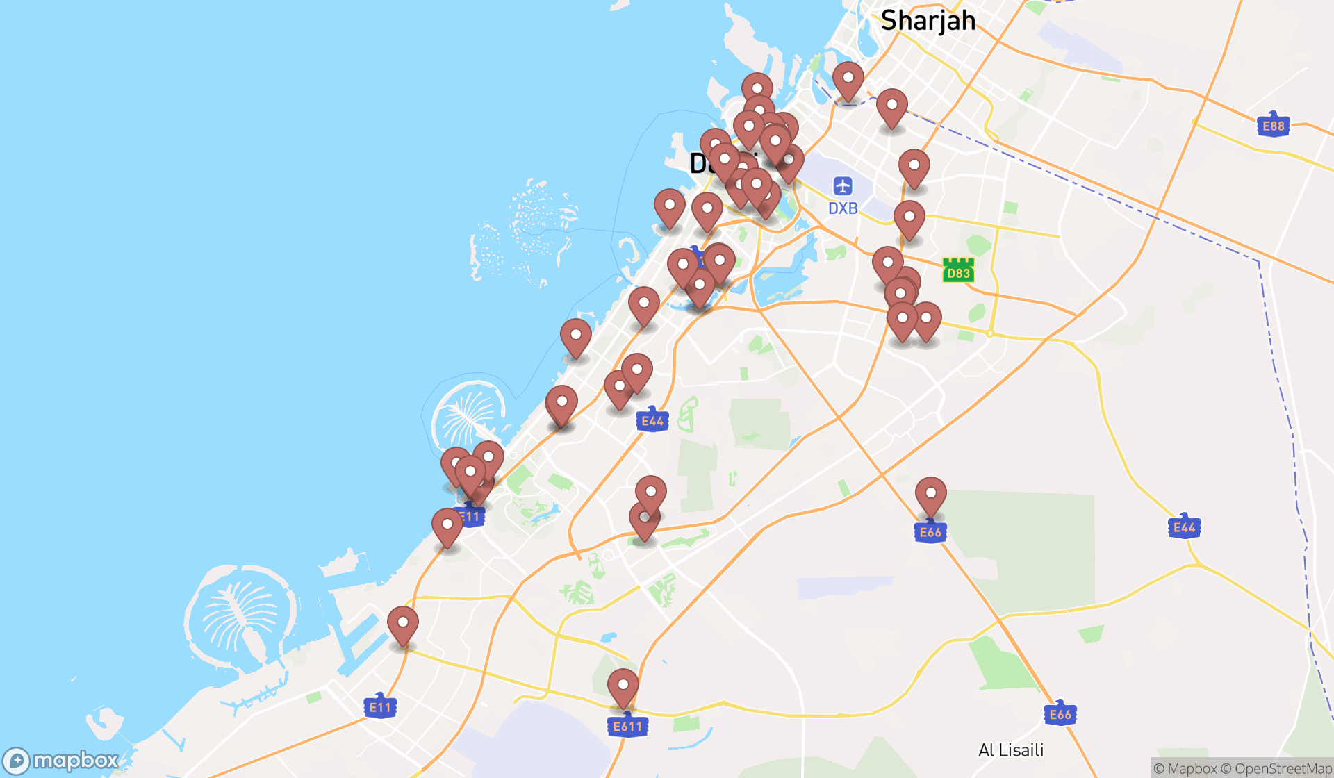 Map showing the search results in Dubai